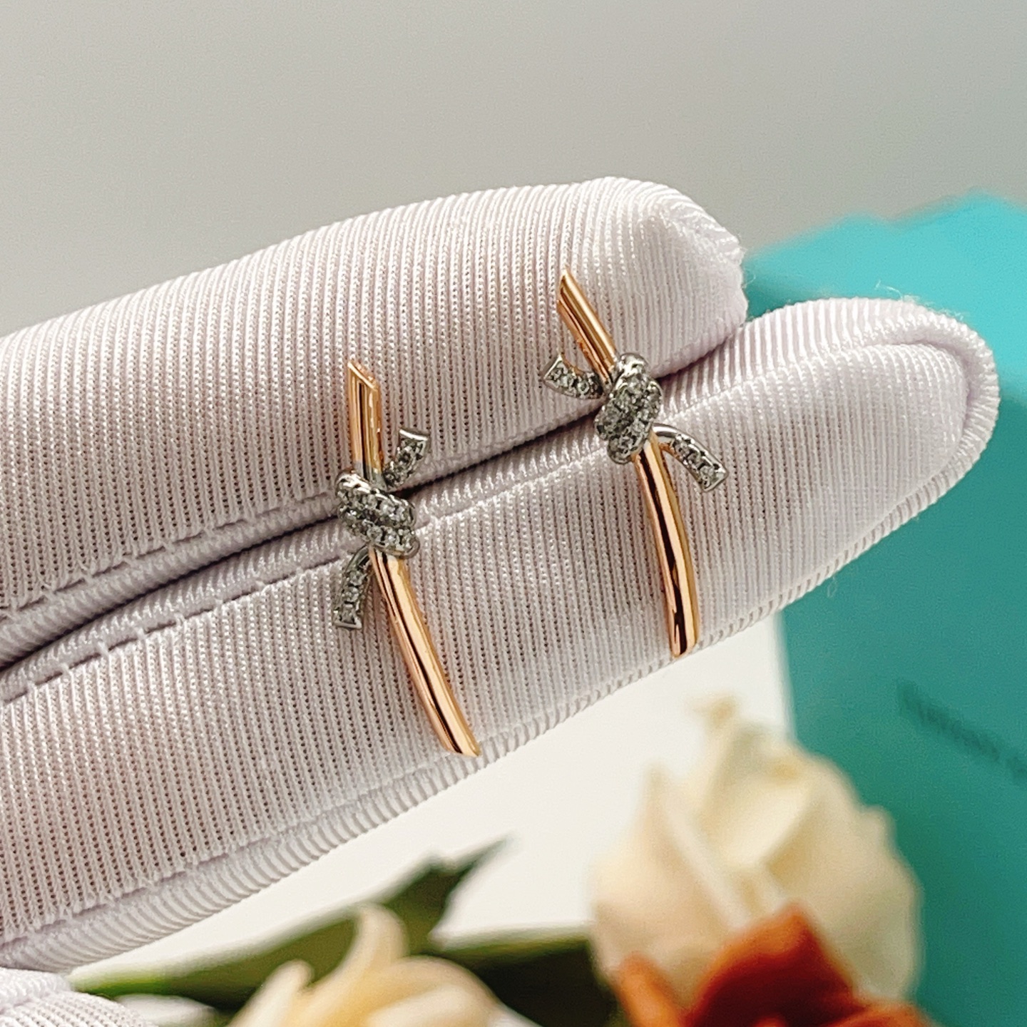 Tiffany Co Knot earrings 18k rose gold white gold with pave diamonds 20mm length