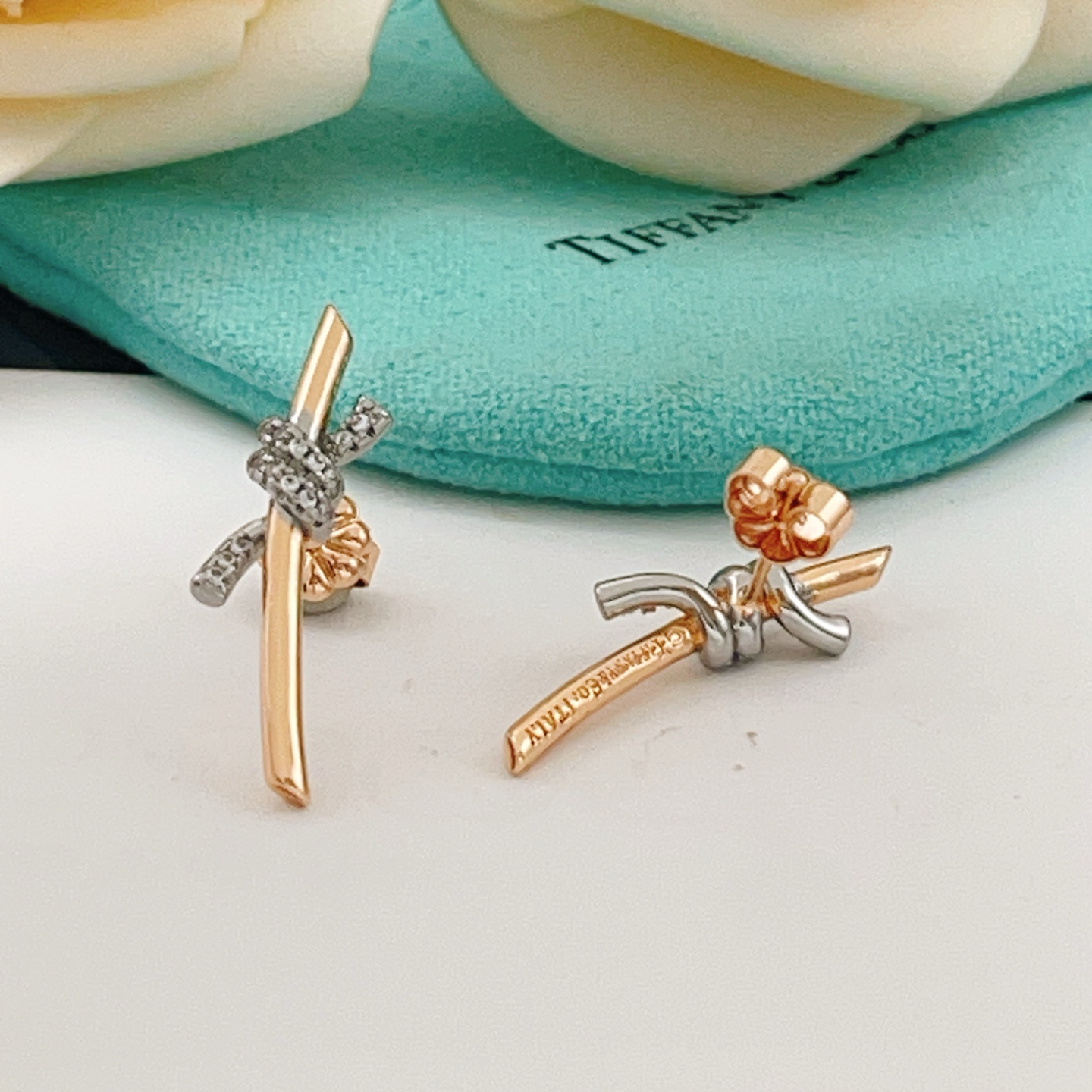 Tiffany Co Knot earrings 18k rose gold white gold with pave diamonds 20mm length