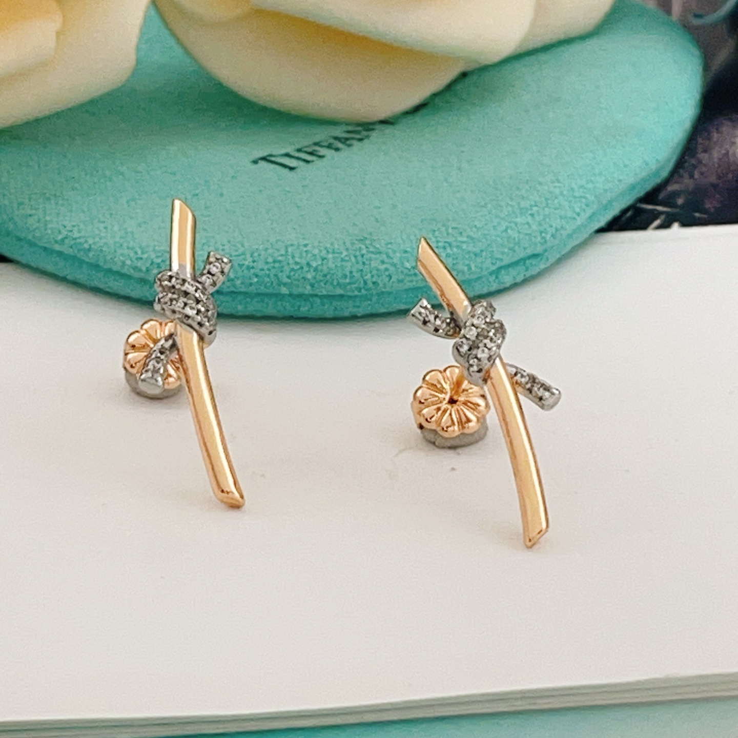 Tiffany Co Knot earrings 18k rose gold white gold with pave diamonds 20mm length