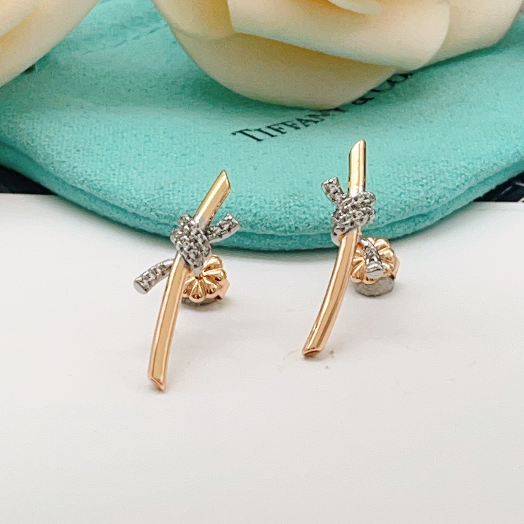 Tiffany Co Knot earrings 18k rose gold white gold with pave diamonds 20mm length