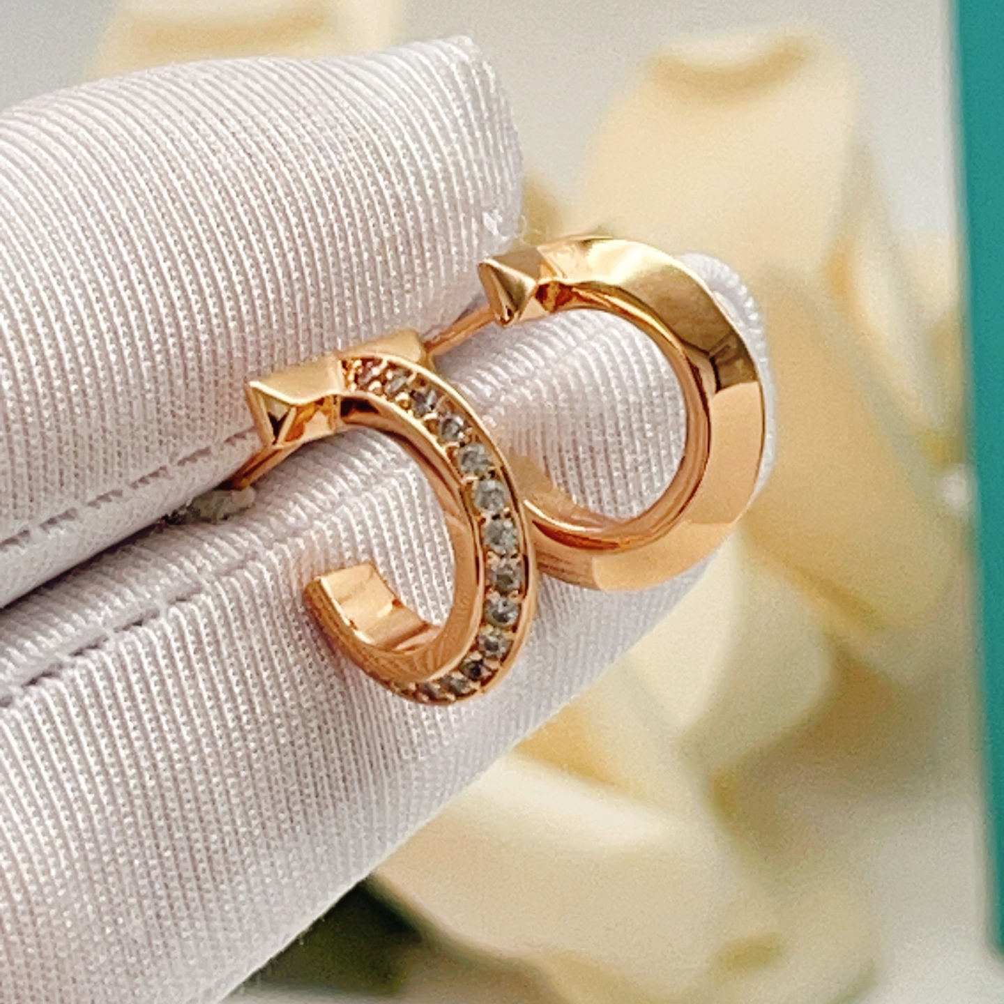 Tiffany T1 earrings rose gold with clear diamond accents 12mm hoop diameter