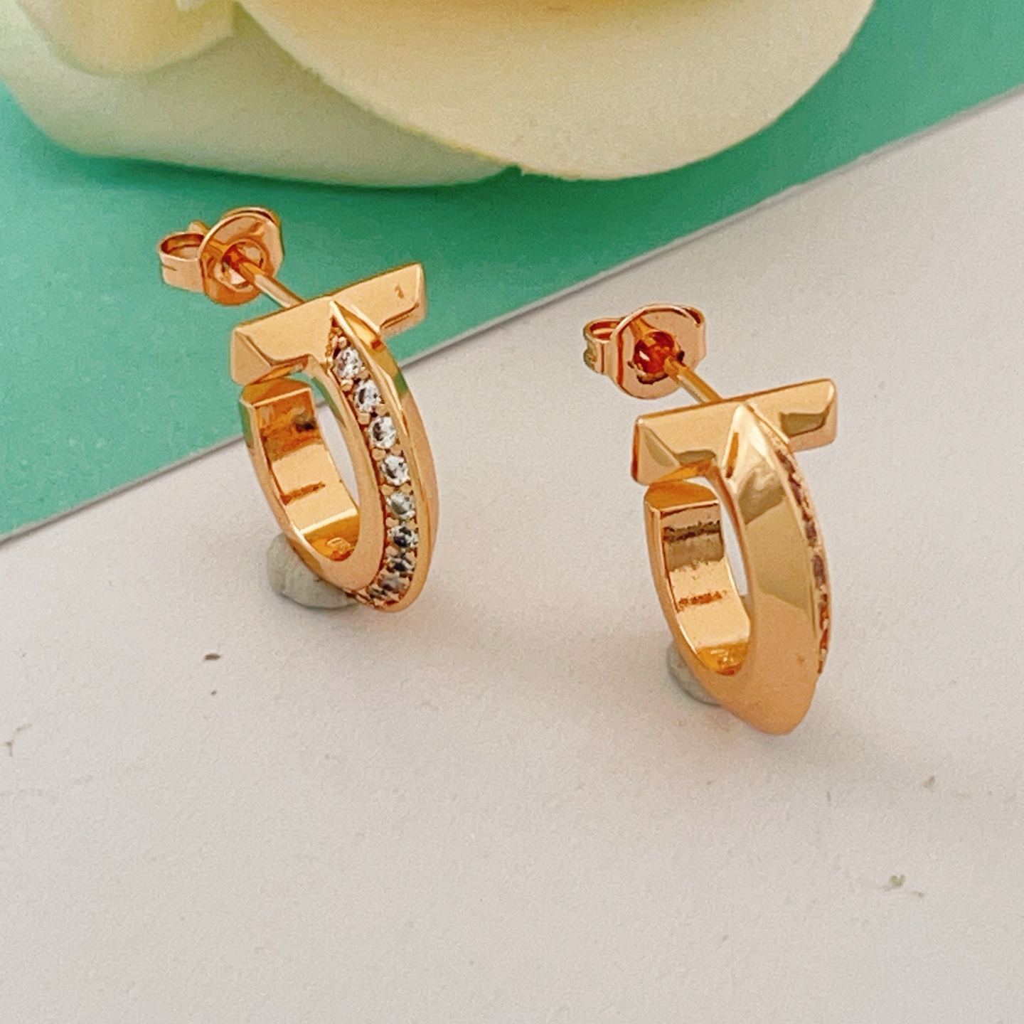 Tiffany T1 earrings rose gold with clear diamond accents 12mm hoop diameter