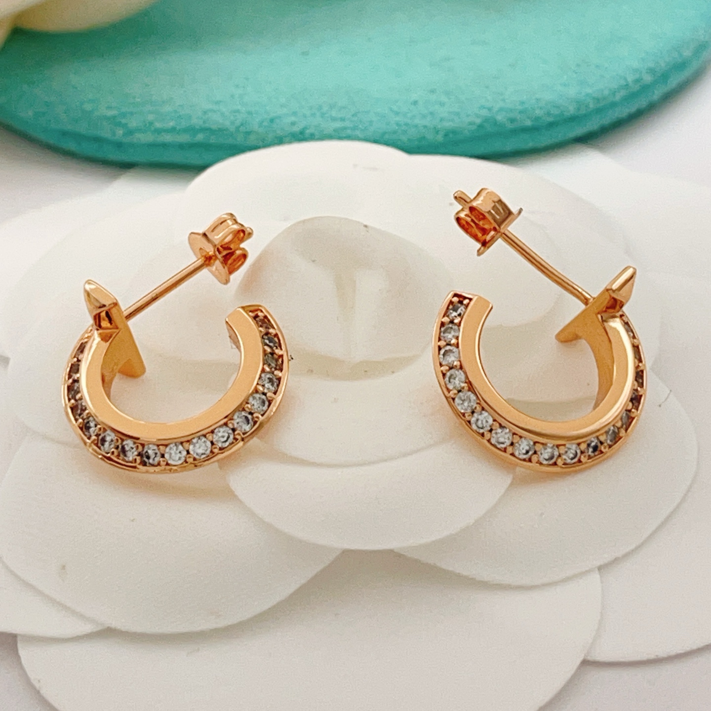 Tiffany T1 earrings rose gold with clear diamond accents 12mm hoop diameter