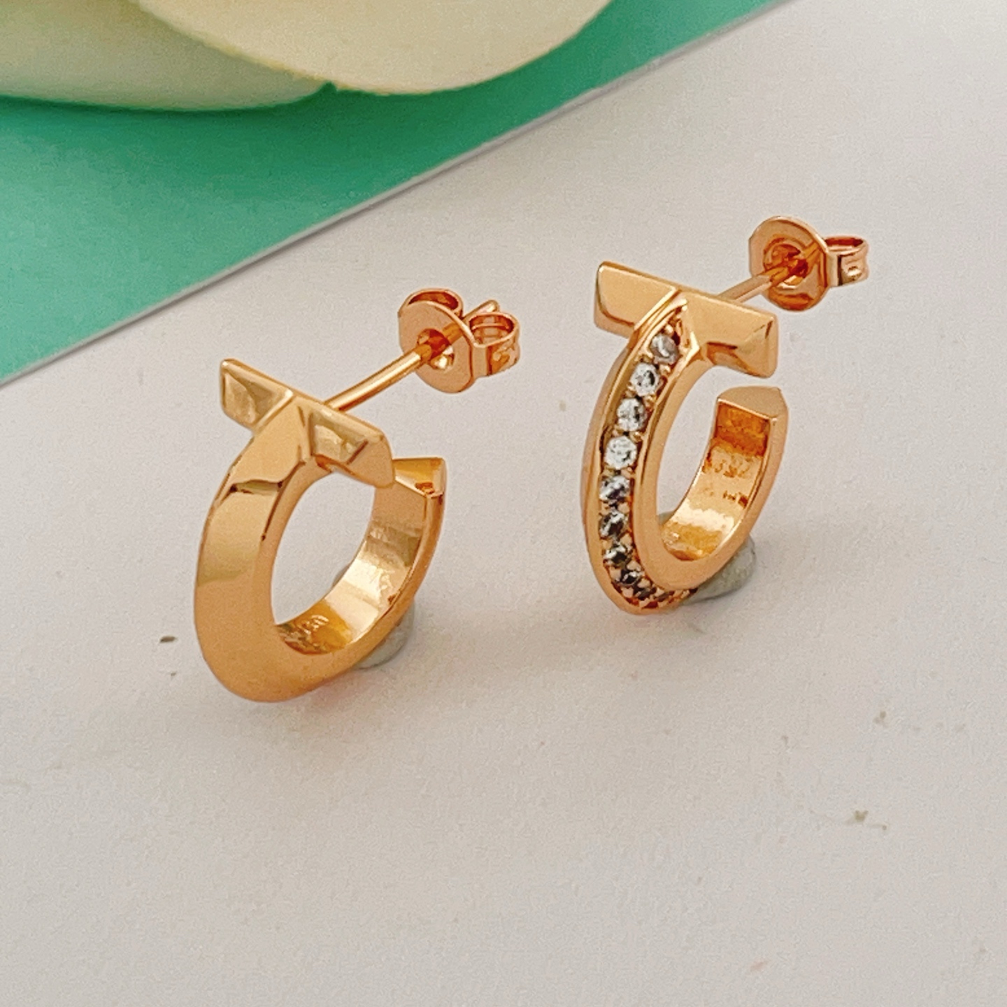 Tiffany T1 earrings rose gold with clear diamond accents 12mm hoop diameter