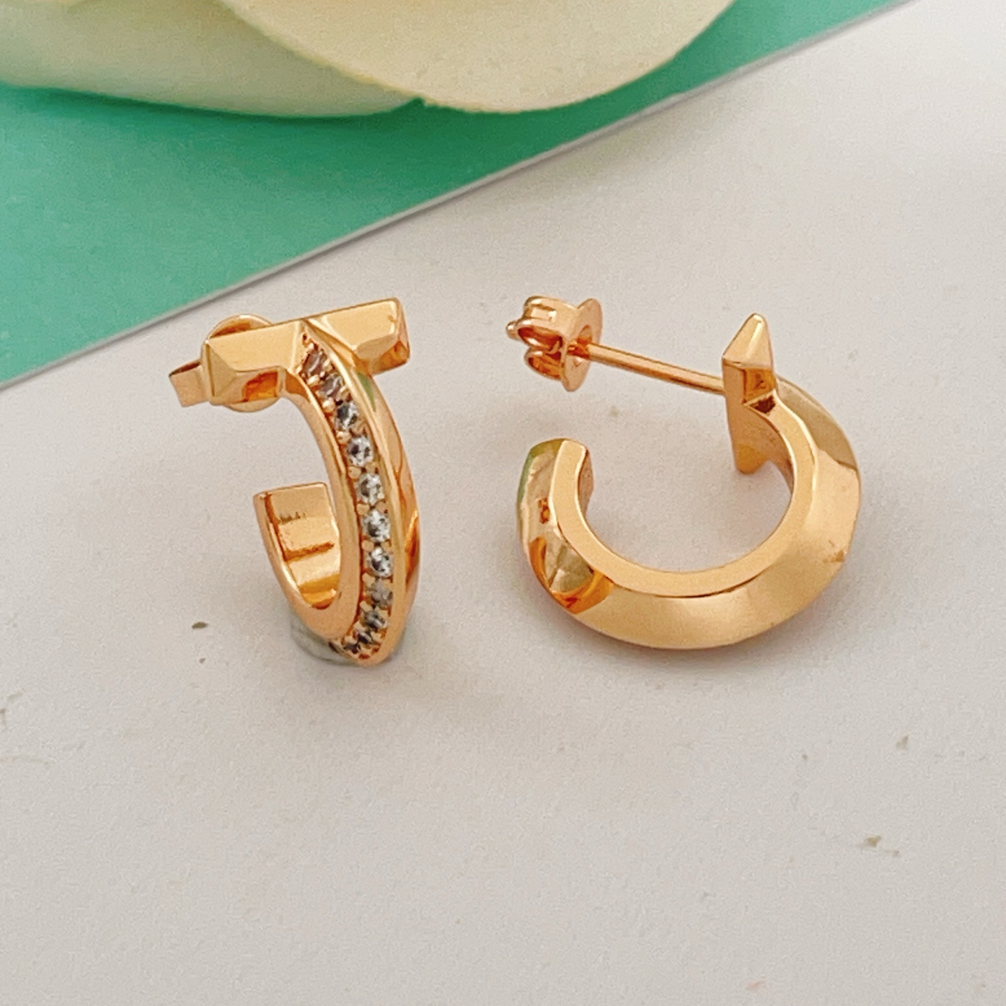 Tiffany T1 earrings rose gold with clear diamond accents 12mm hoop diameter