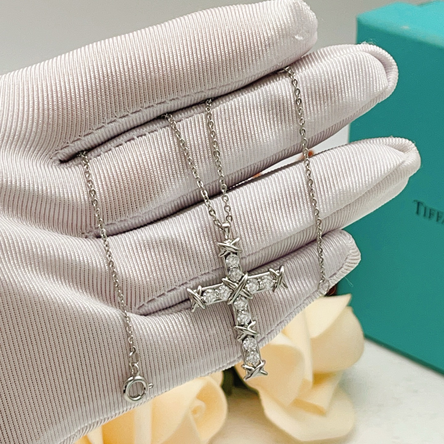 Tiffany Co Signature X Cross Pendant necklace Sterling silver with clear round brilliant gemstones 18 inches with 2 inch extender