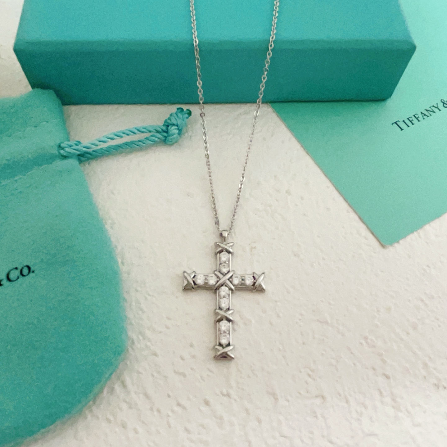 Tiffany Co Signature X Cross Pendant necklace Sterling silver with clear round brilliant gemstones 18 inches with 2 inch extender