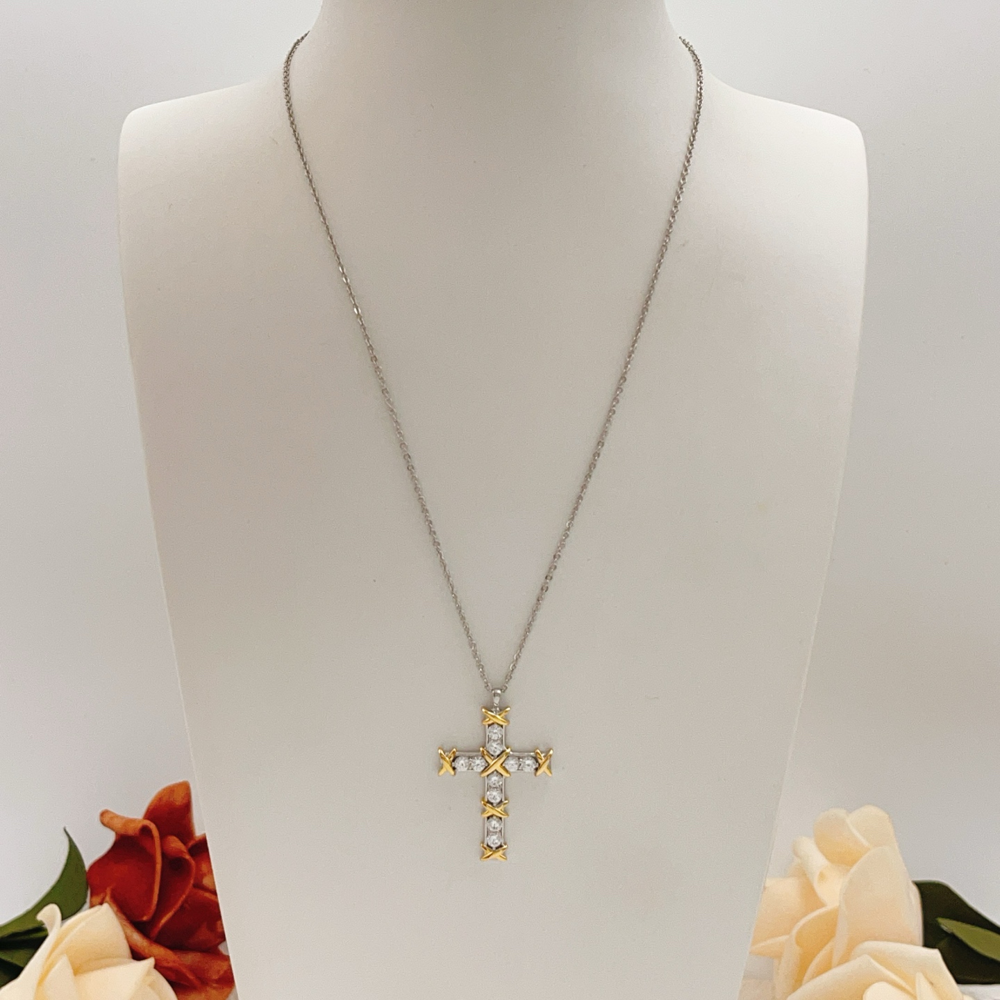 Tiffany Co Jean Schlumberger Cross Pendant necklace Sterling silver and 18k yellow gold with clear round diamonds 18 inches