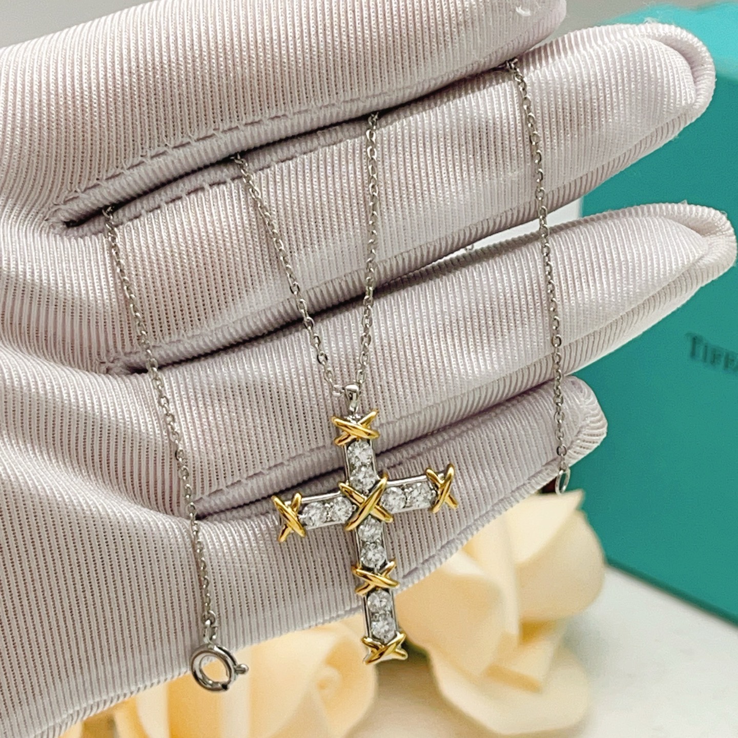 Tiffany Co Jean Schlumberger Cross Pendant necklace Sterling silver and 18k yellow gold with clear round diamonds 18 inches
