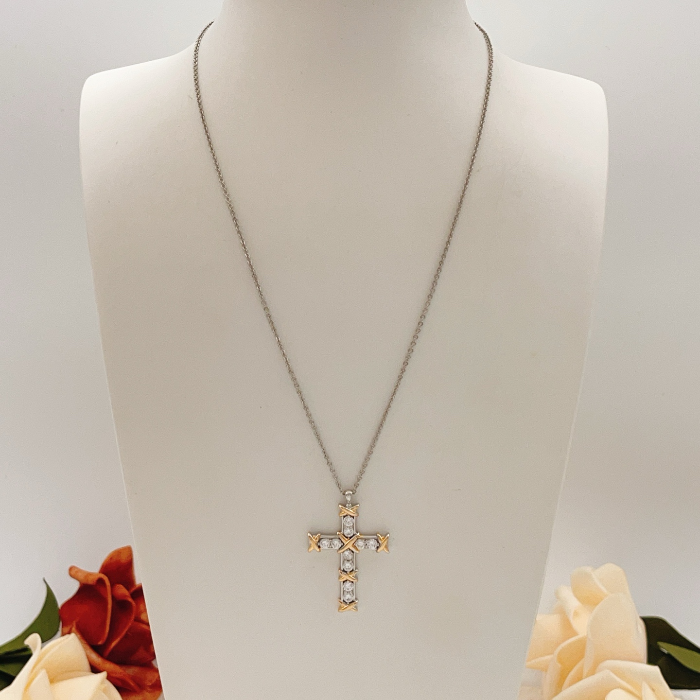 Tiffany Co Jean Schlumberger Cross Pendant necklace Two-tone silver and yellow gold with clear diamond stones 18 inches