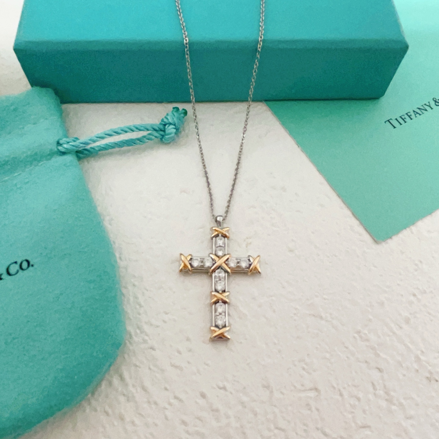 Tiffany Co Jean Schlumberger Cross Pendant necklace Two-tone silver and yellow gold with clear diamond stones 18 inches