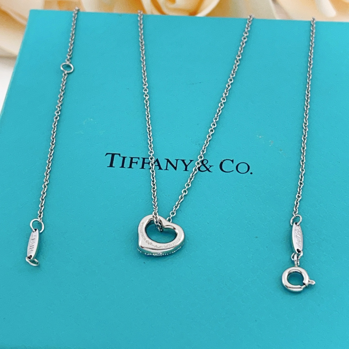 Tiffany Co Open Heart necklace sterling silver with clear diamond accents 16 inches