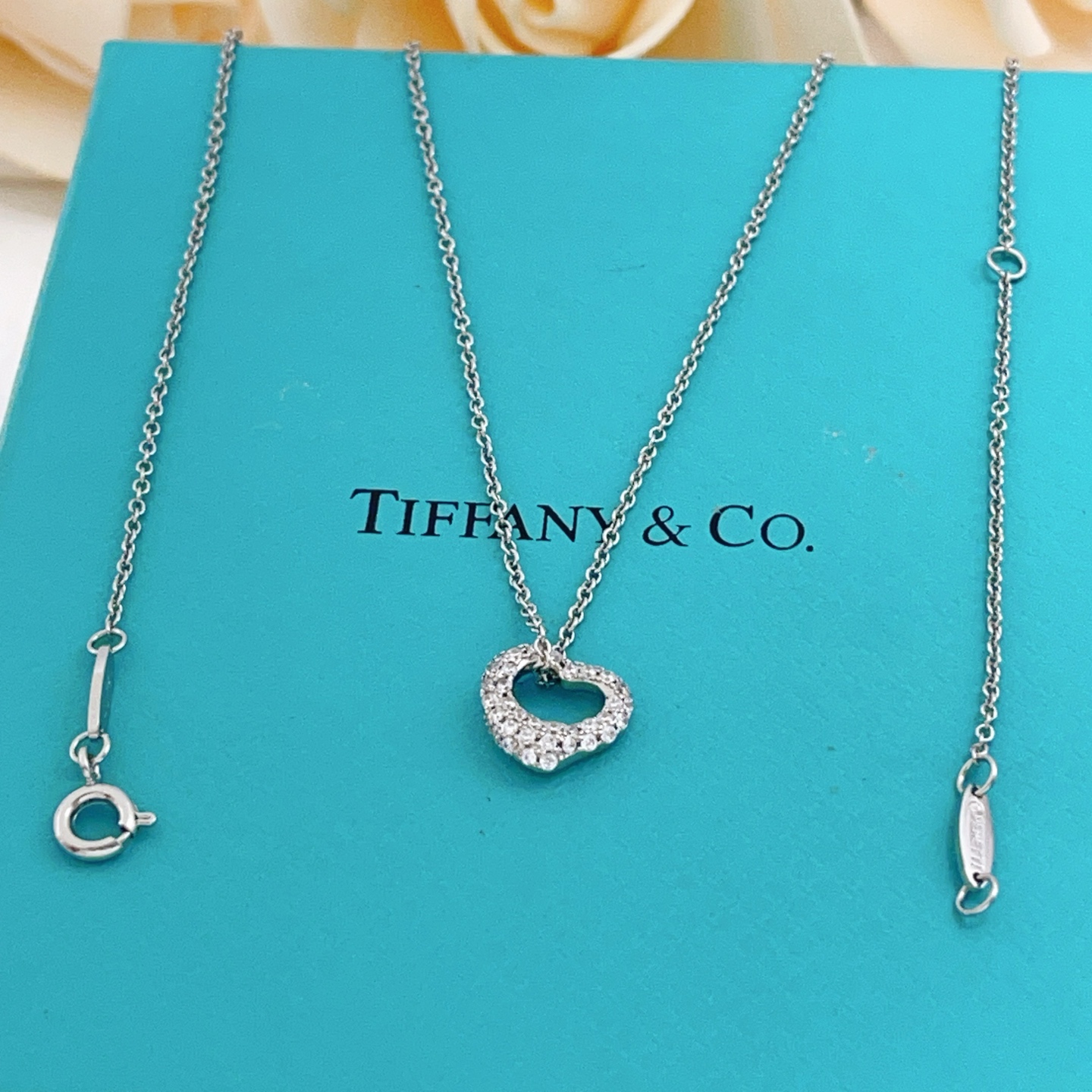 Tiffany Co Open Heart necklace sterling silver with clear diamond accents 16 inches