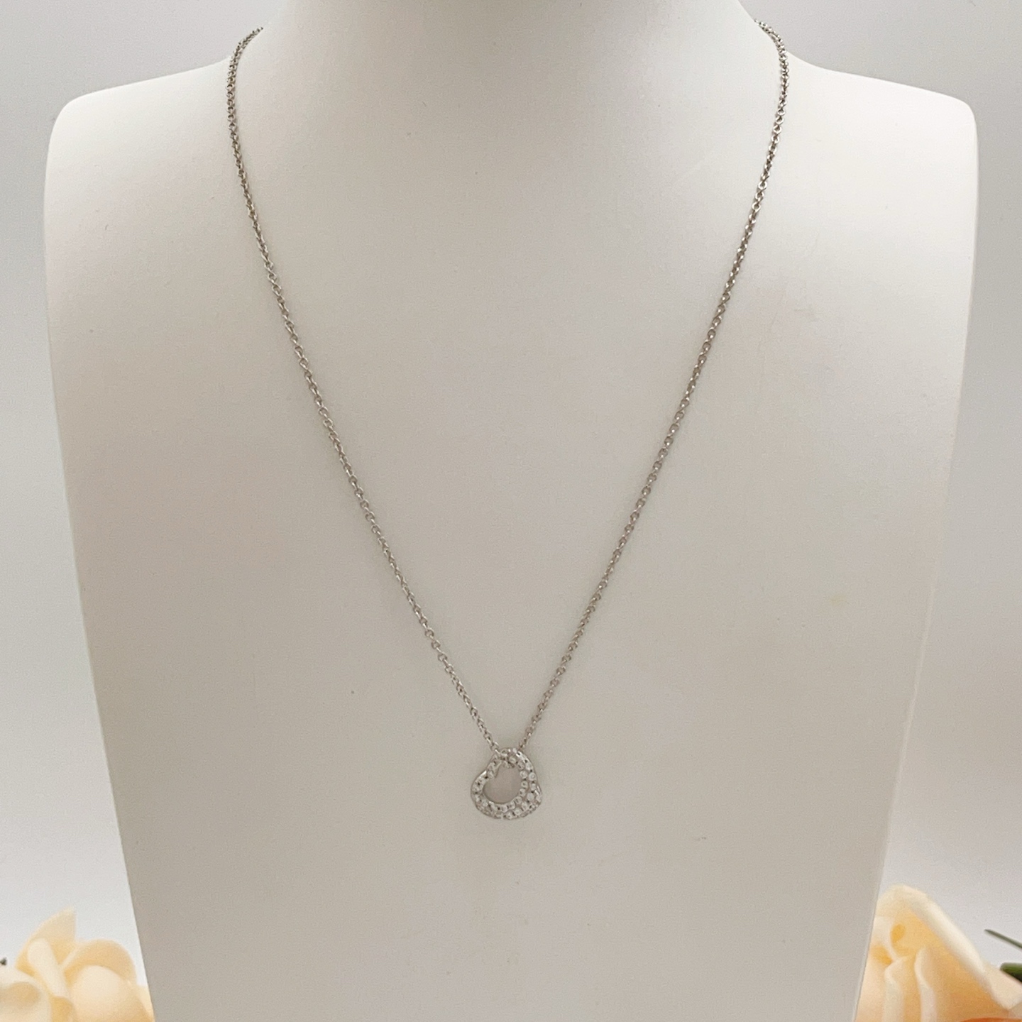 Tiffany Co Open Heart necklace sterling silver with clear diamond accents 16 inches