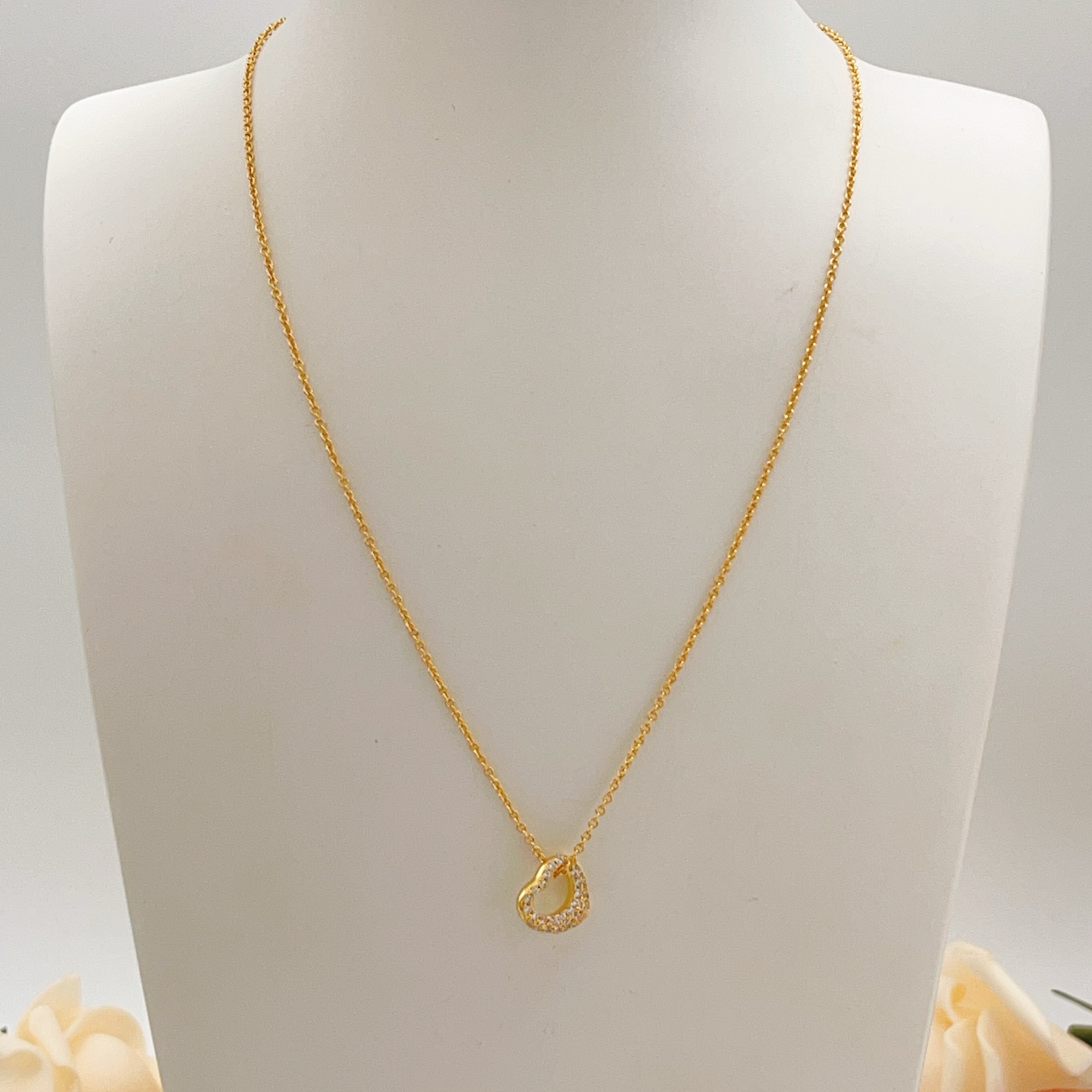 Tiffany Co Open Heart necklace yellow gold with clear diamond accents 16 inches