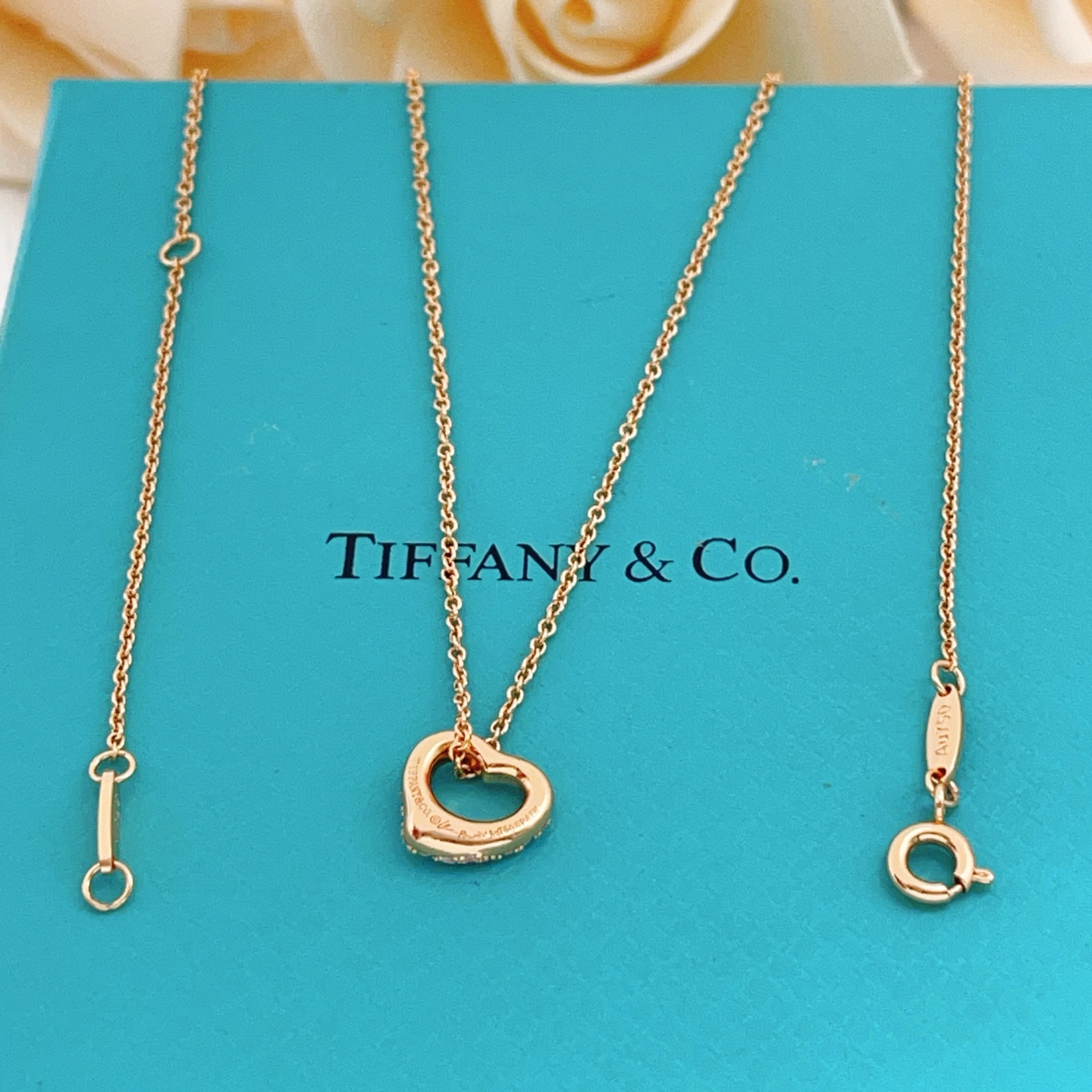 Tiffany Co Open Heart necklace 18k rose gold 18k yellow gold sterling silver with clear diamond accents 16 inches