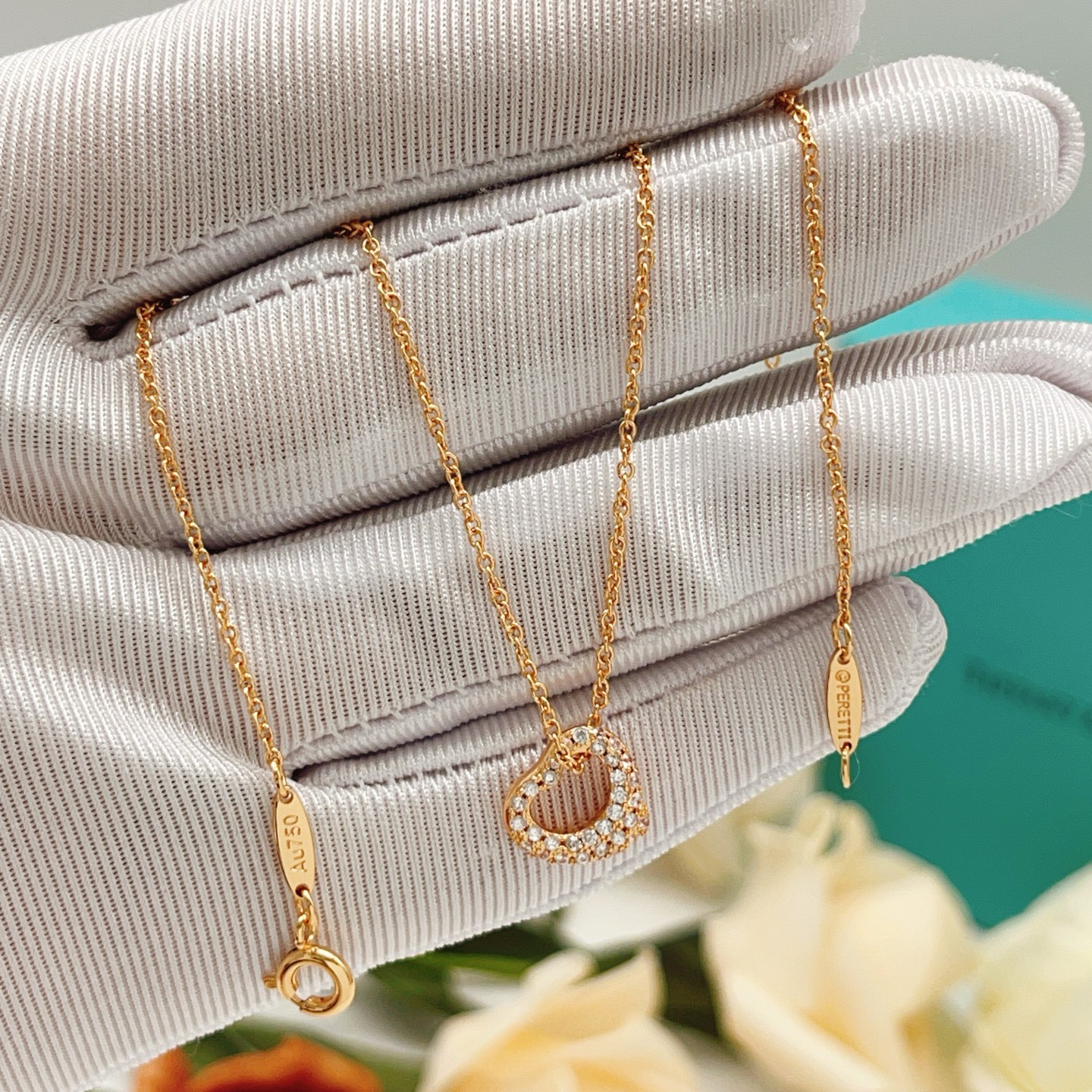 Tiffany Co Open Heart necklace 18k rose gold 18k yellow gold sterling silver with clear diamond accents 16 inches