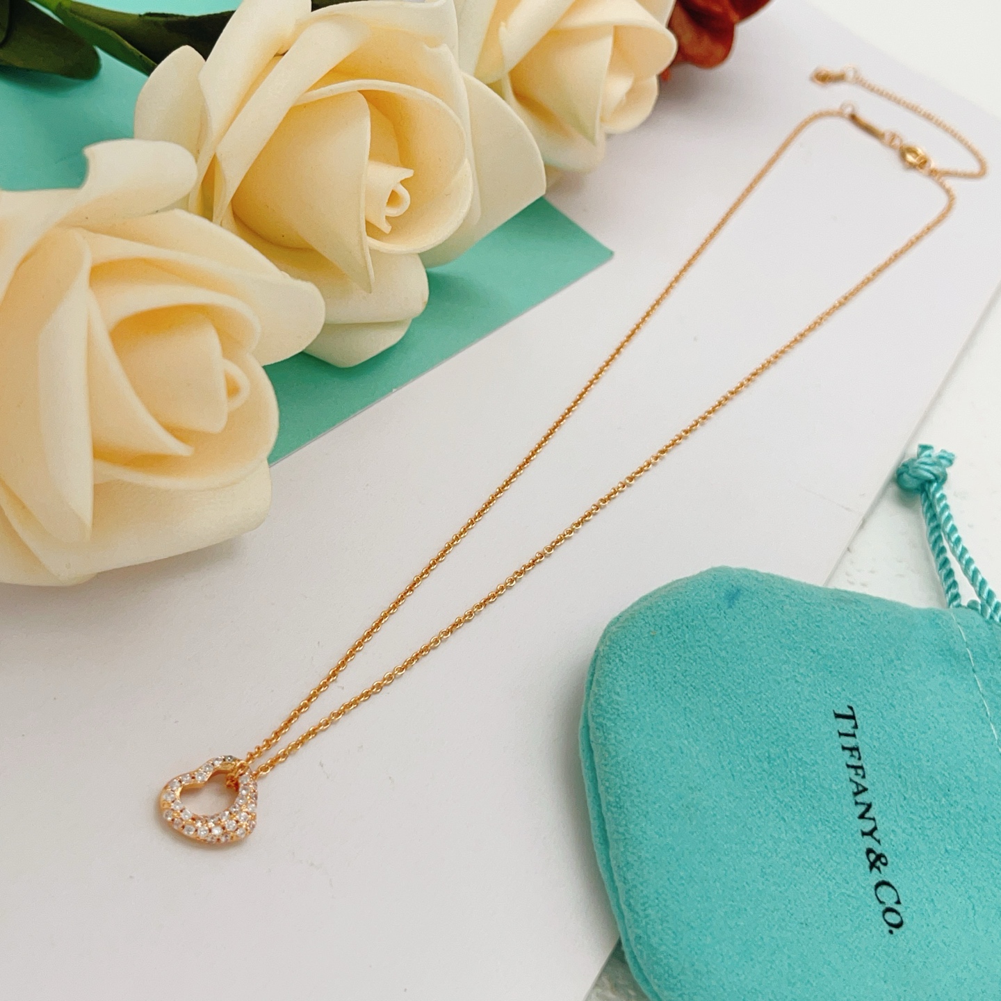 Tiffany Co Open Heart necklace 18k rose gold 18k yellow gold sterling silver with clear diamond accents 16 inches