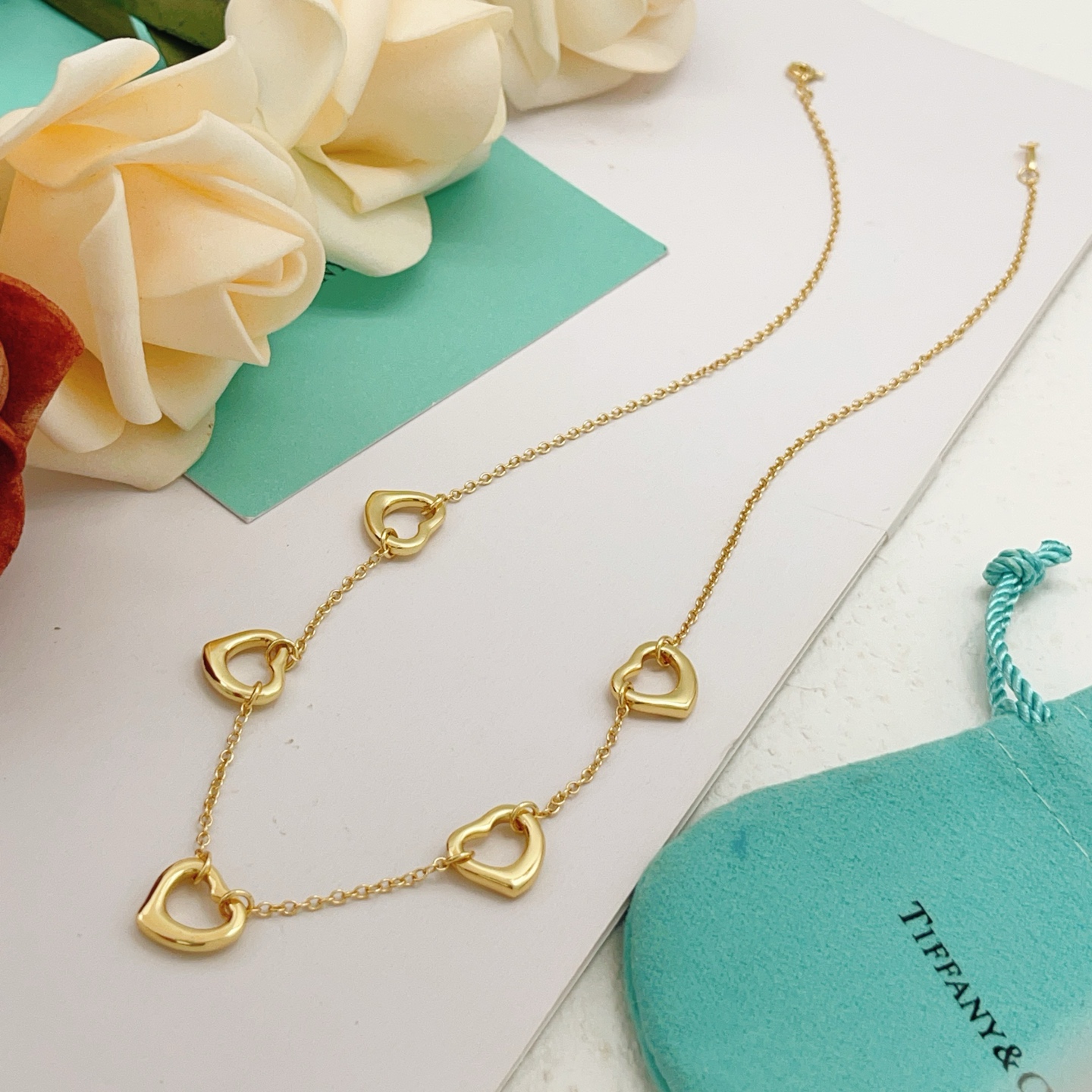Tiffany Co Open Heart necklace gold tone metal no gemstones 40cm