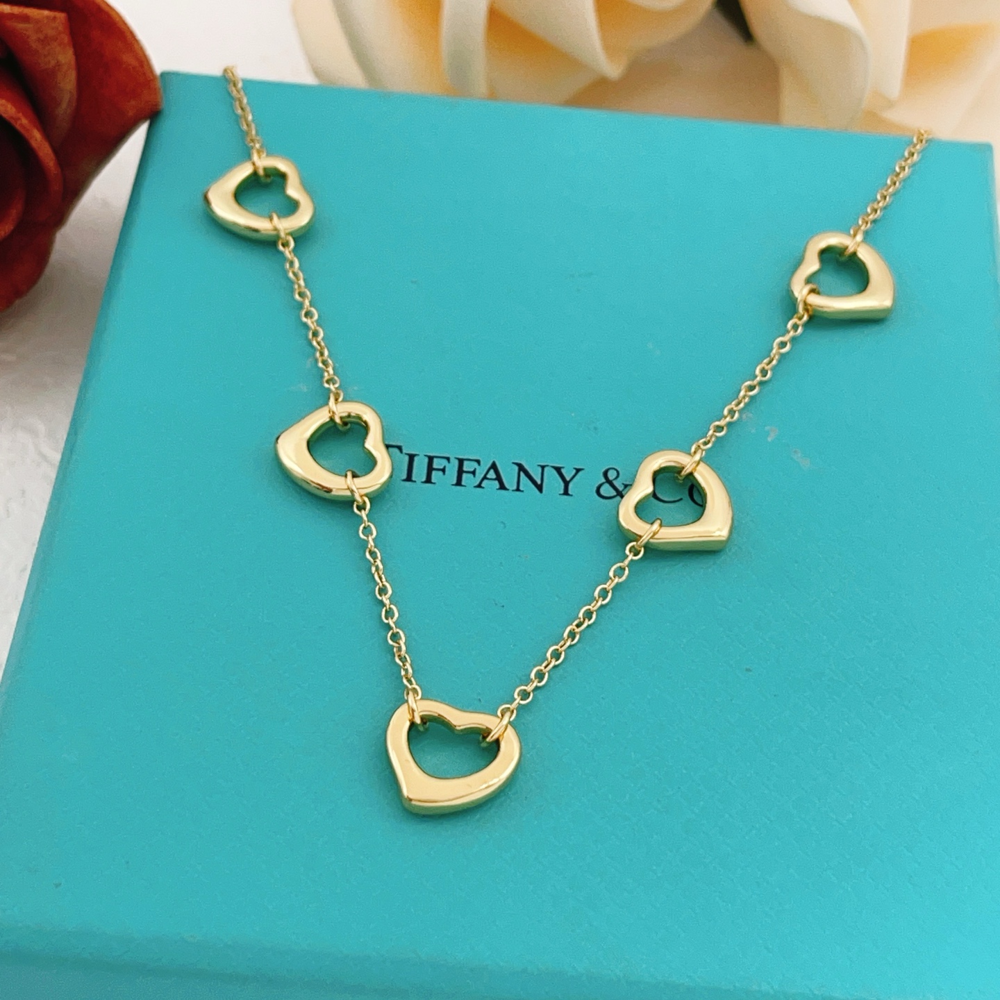 Tiffany Co Open Heart necklace gold tone metal no gemstones 40cm
