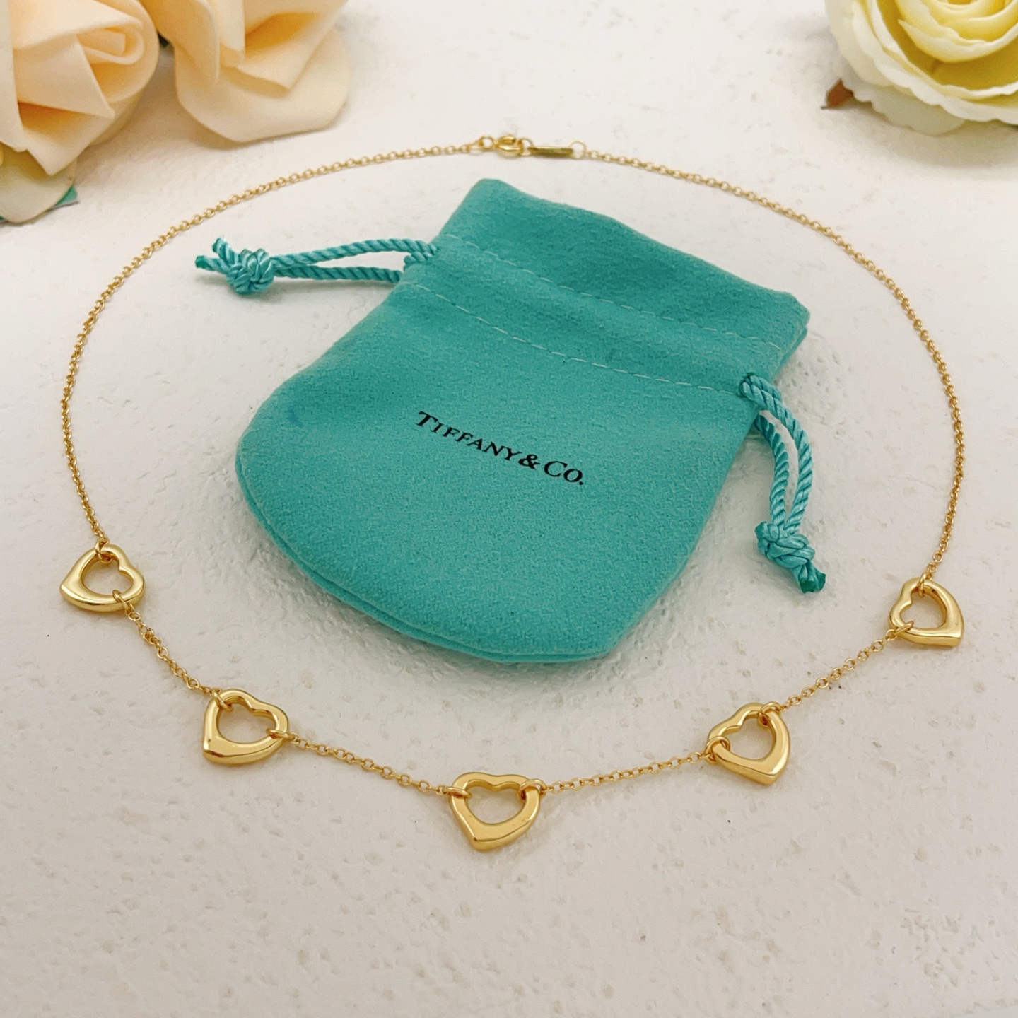 Tiffany Co Open Heart necklace gold tone metal no gemstones 40cm