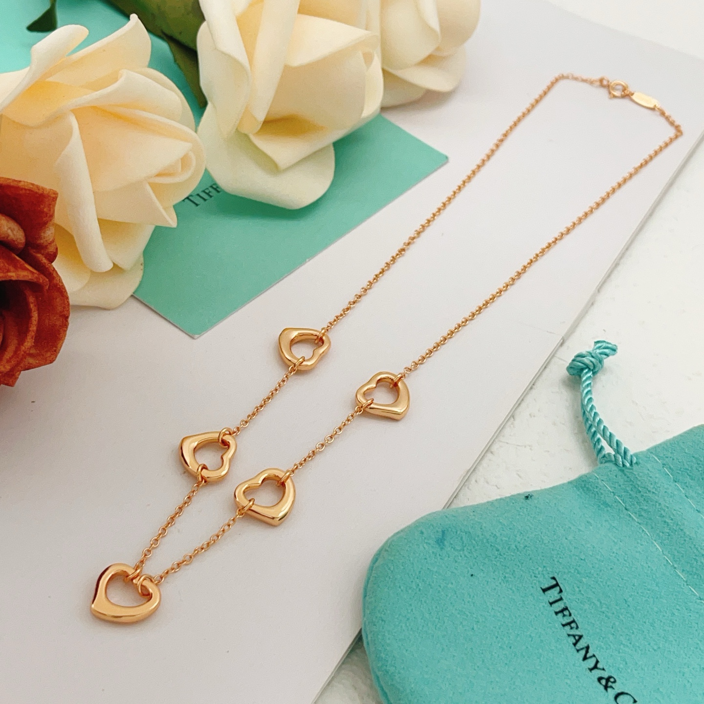 Tiffany Co Open Heart necklace Rose gold metal no gemstones 45cm