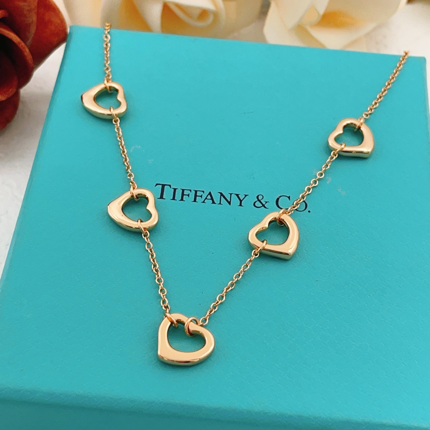 Tiffany Co Open Heart necklace Rose gold metal no gemstones 45cm