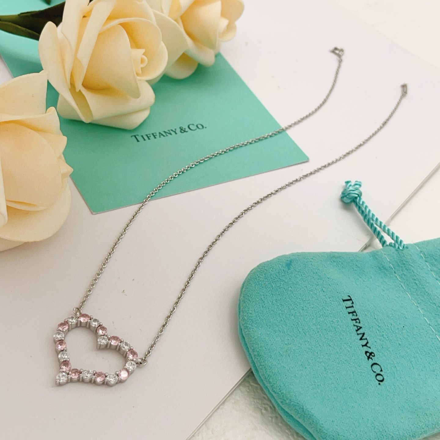 Tiffany Heart Pendant necklace silver-toned metal with pink and clear gemstones 16 inches