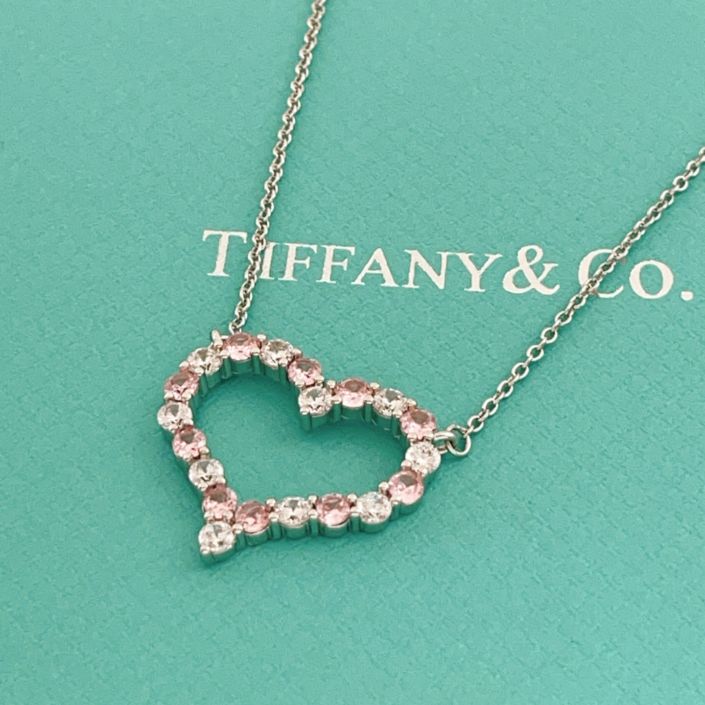 Tiffany Heart Pendant necklace silver-toned metal with pink and clear gemstones 16 inches