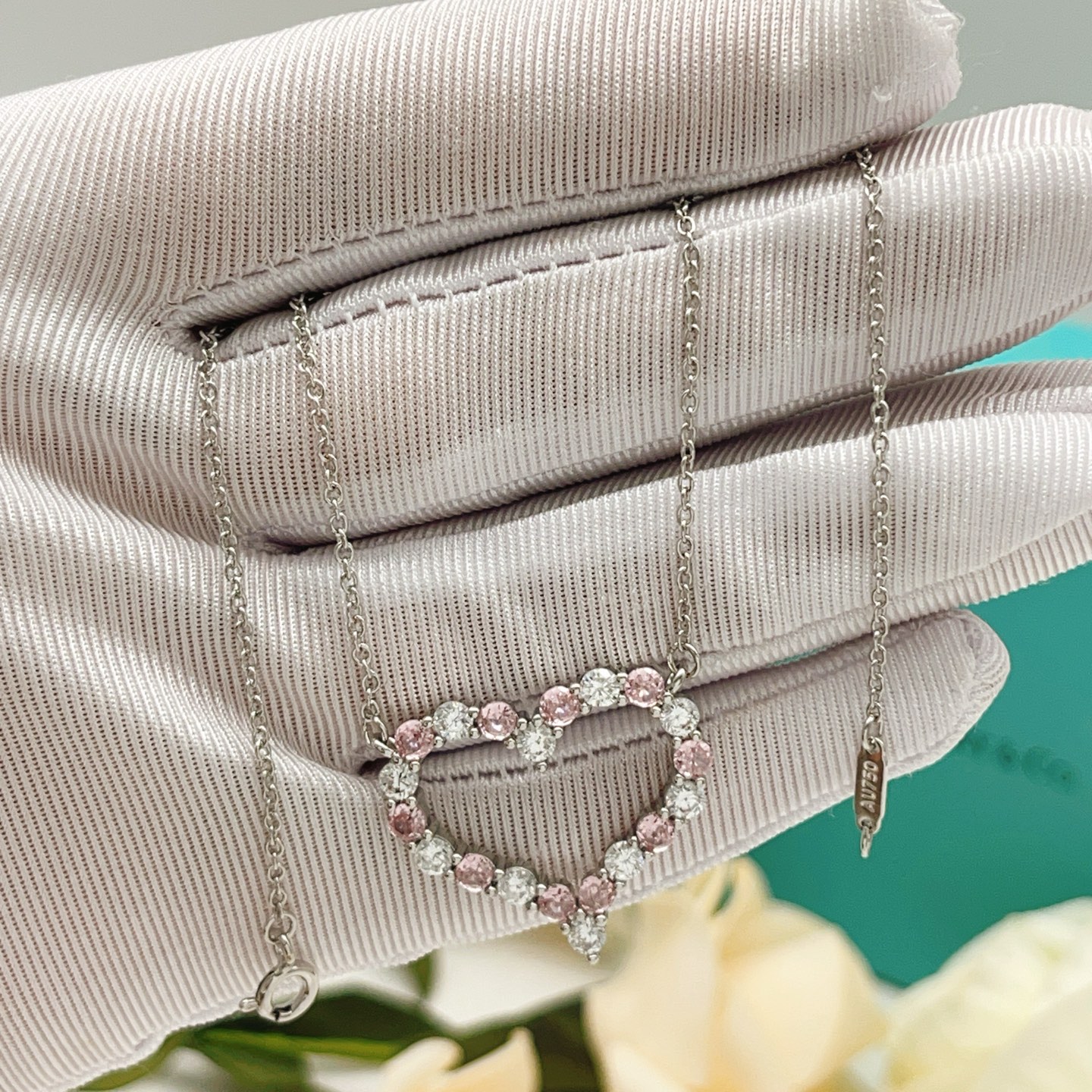 Tiffany Heart Pendant necklace silver-toned metal with pink and clear gemstones 16 inches