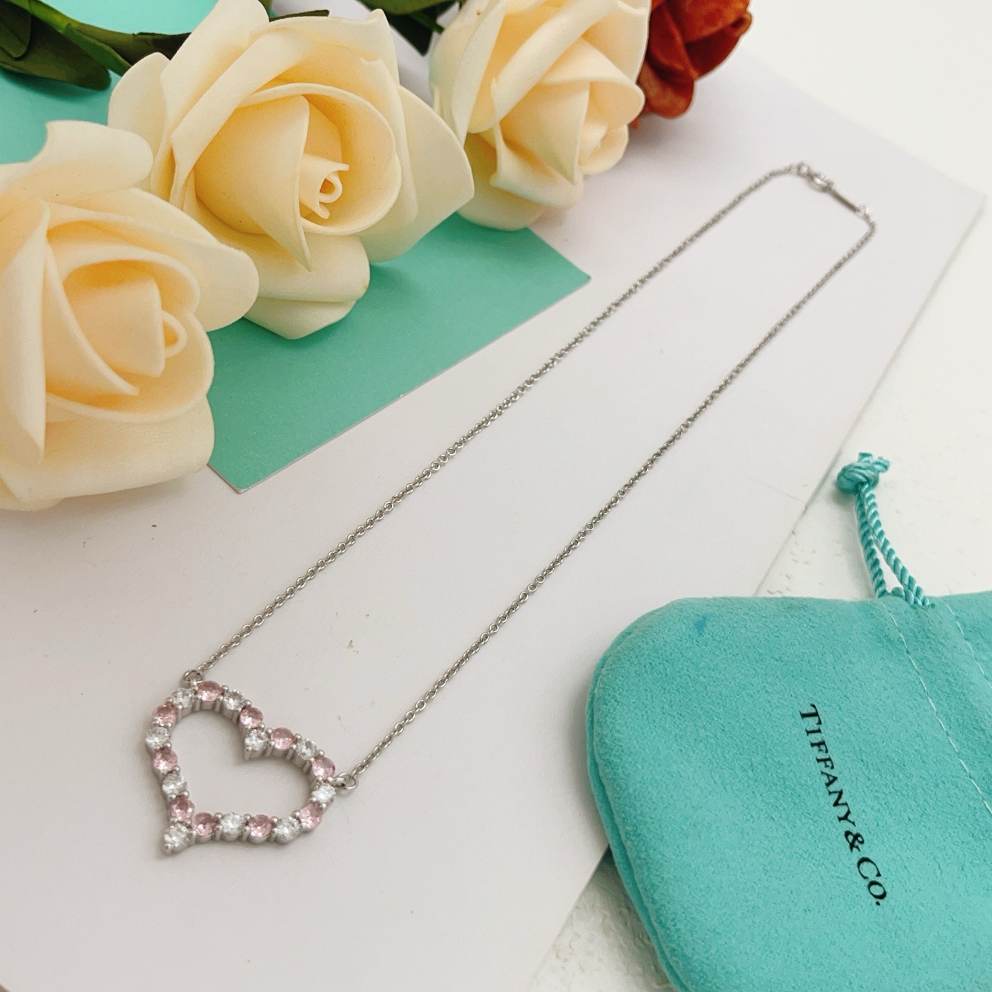 Tiffany Heart Pendant necklace silver-toned metal with pink and clear gemstones 16 inches