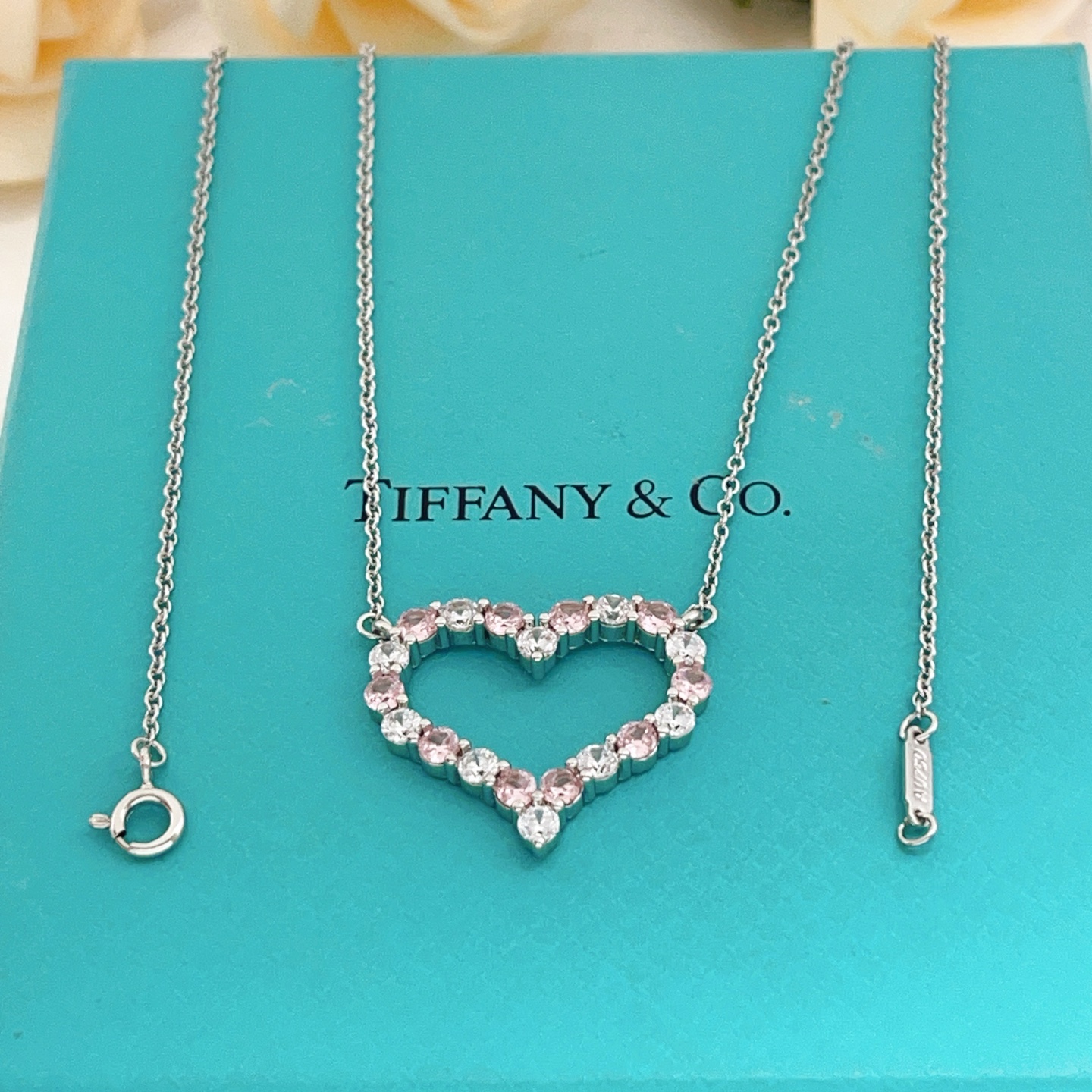 Tiffany Heart Pendant necklace silver-toned metal with pink and clear gemstones 16 inches