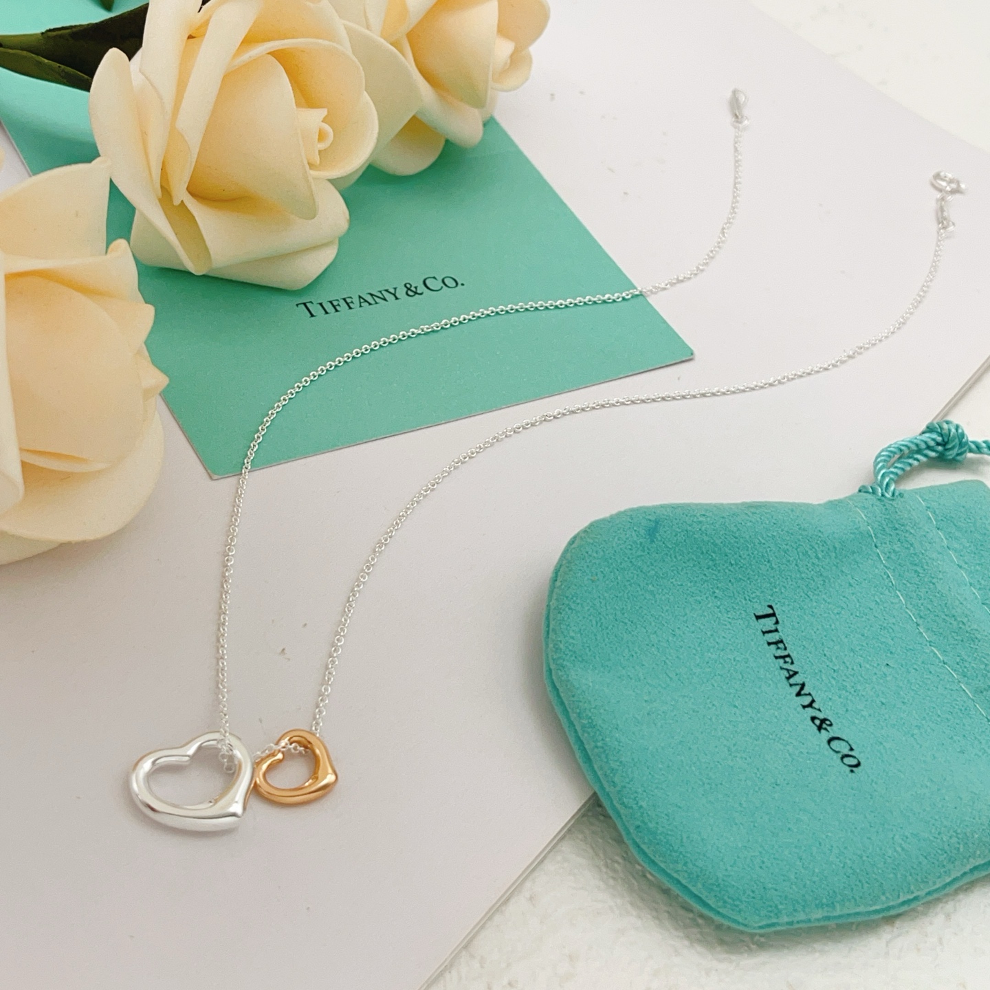 Tiffany Co Open Heart necklace sterling silver and 18k rose gold 16 inches with 2 inch extender