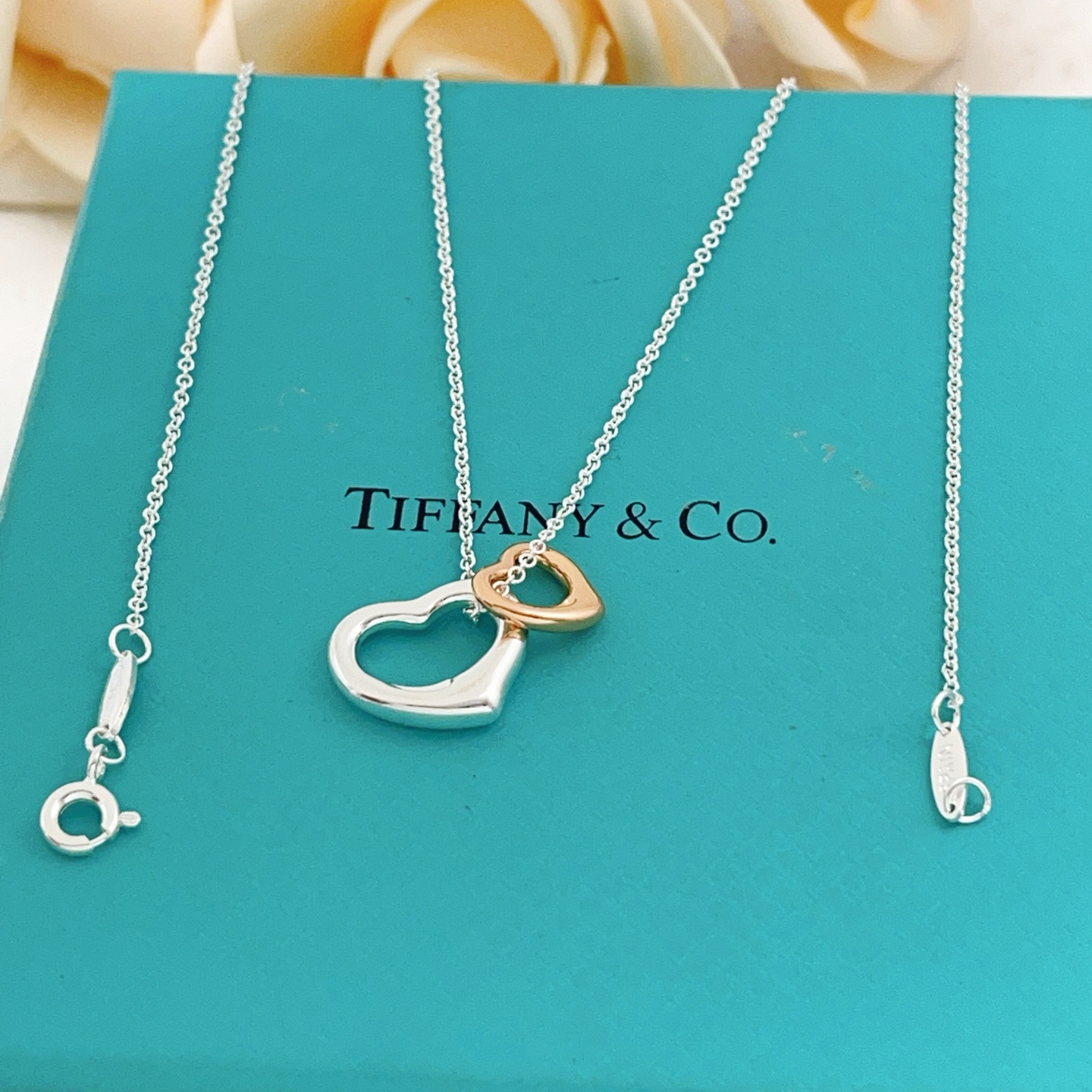 Tiffany Co Open Heart necklace sterling silver and 18k rose gold 16 inches with 2 inch extender