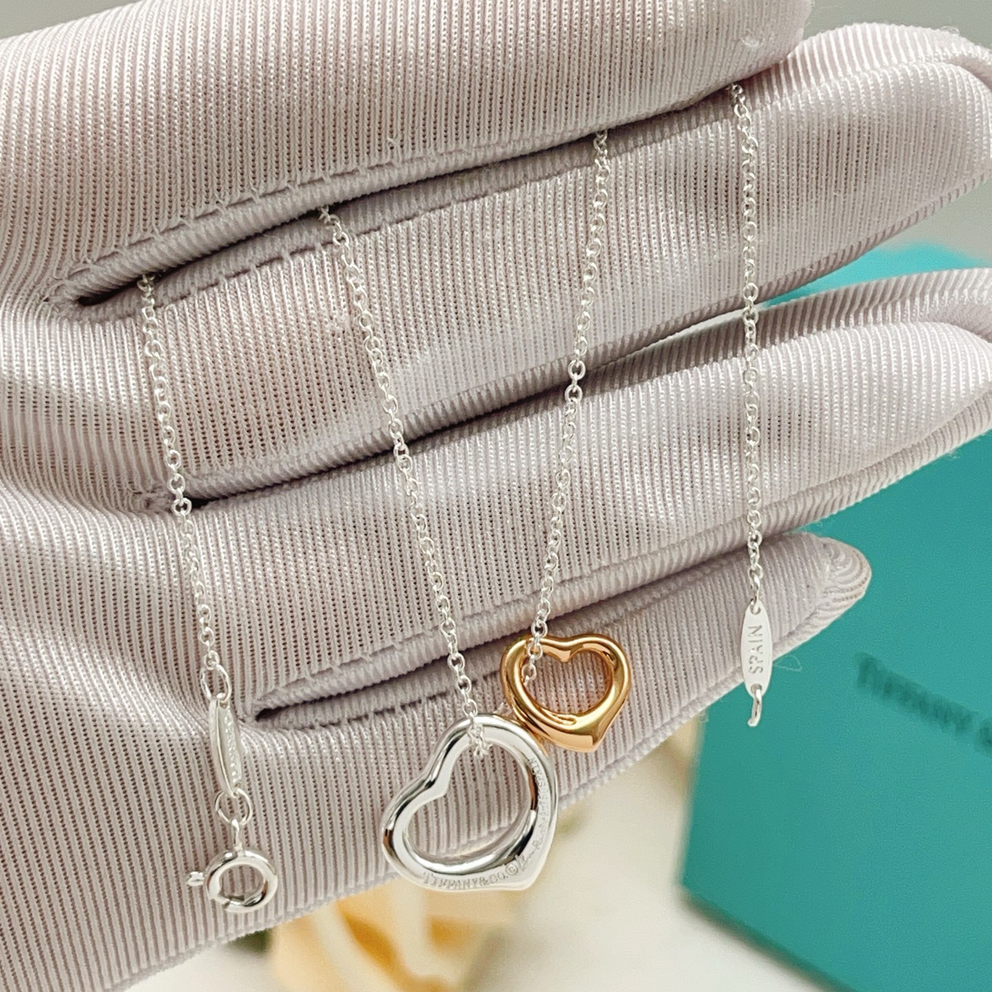 Tiffany Co Open Heart necklace sterling silver and 18k rose gold 16 inches with 2 inch extender