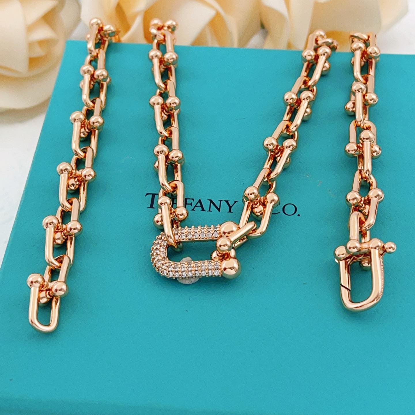 Tiffany Co HardWear necklace rose gold with clear pave diamonds 18 inches