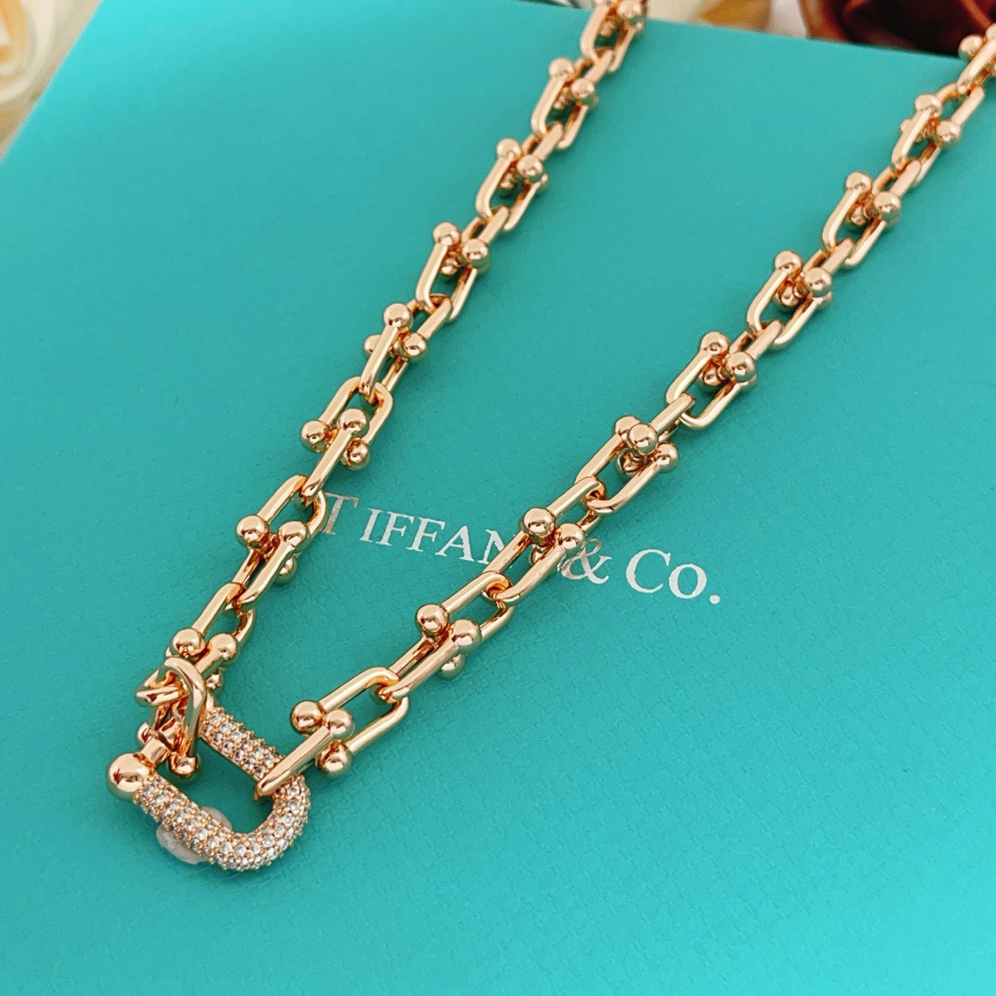 Tiffany Co HardWear necklace rose gold with clear pave diamonds 18 inches