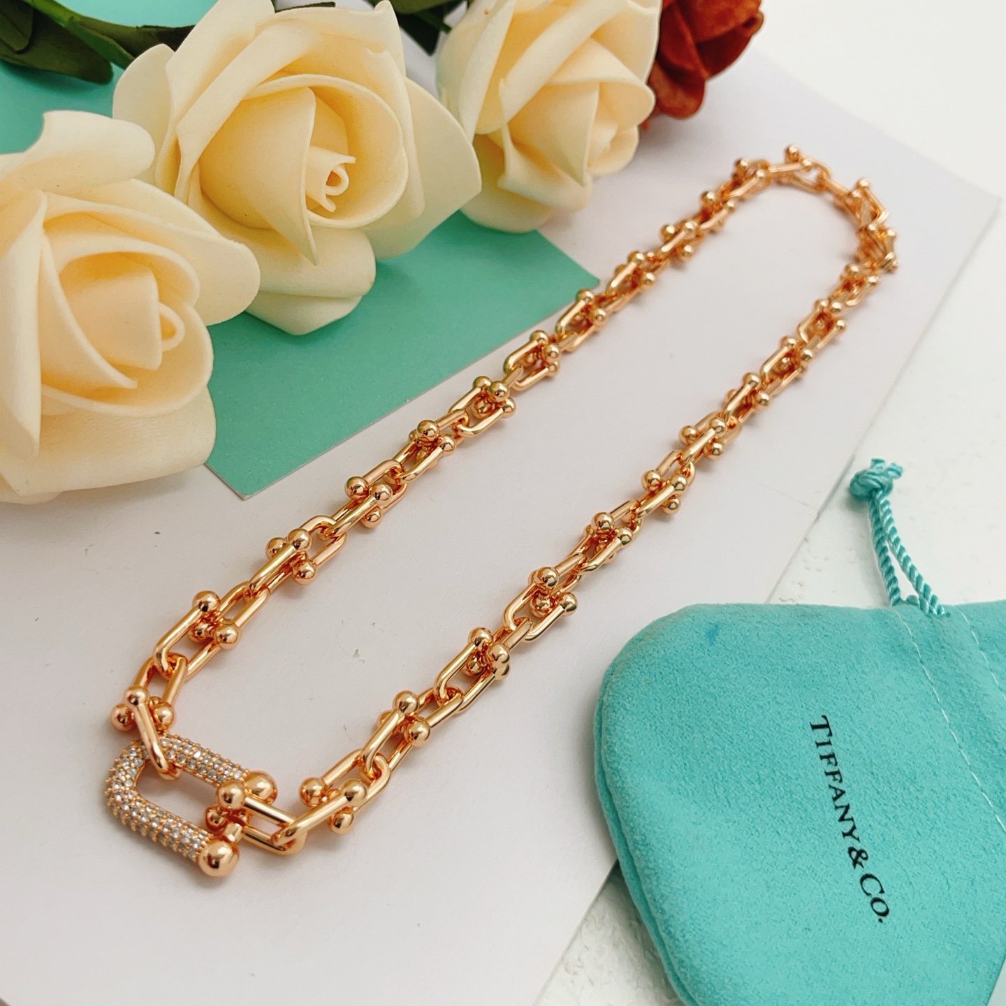 Tiffany Co HardWear necklace rose gold with clear pave diamonds 18 inches