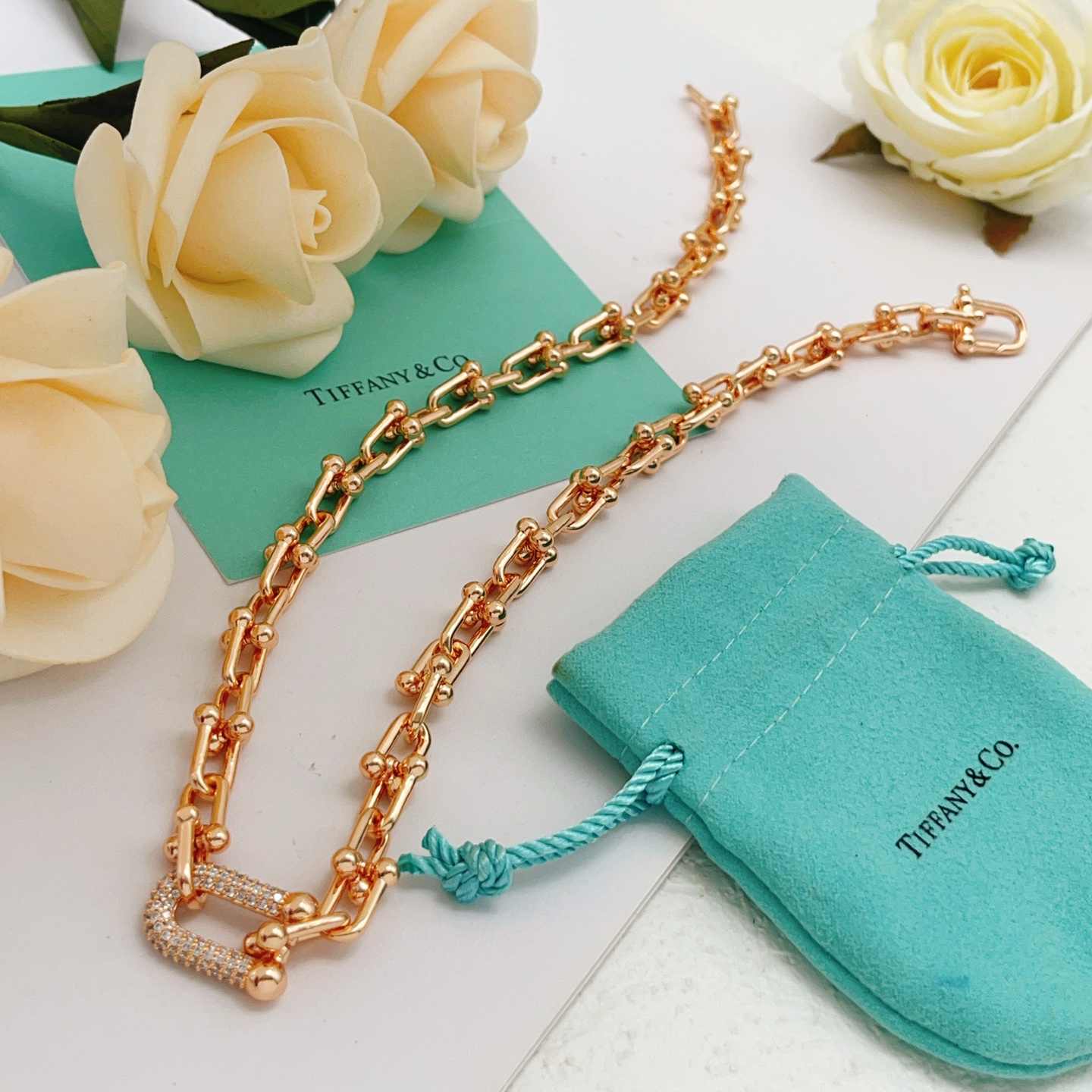 Tiffany Co HardWear necklace rose gold with clear pave diamonds 18 inches