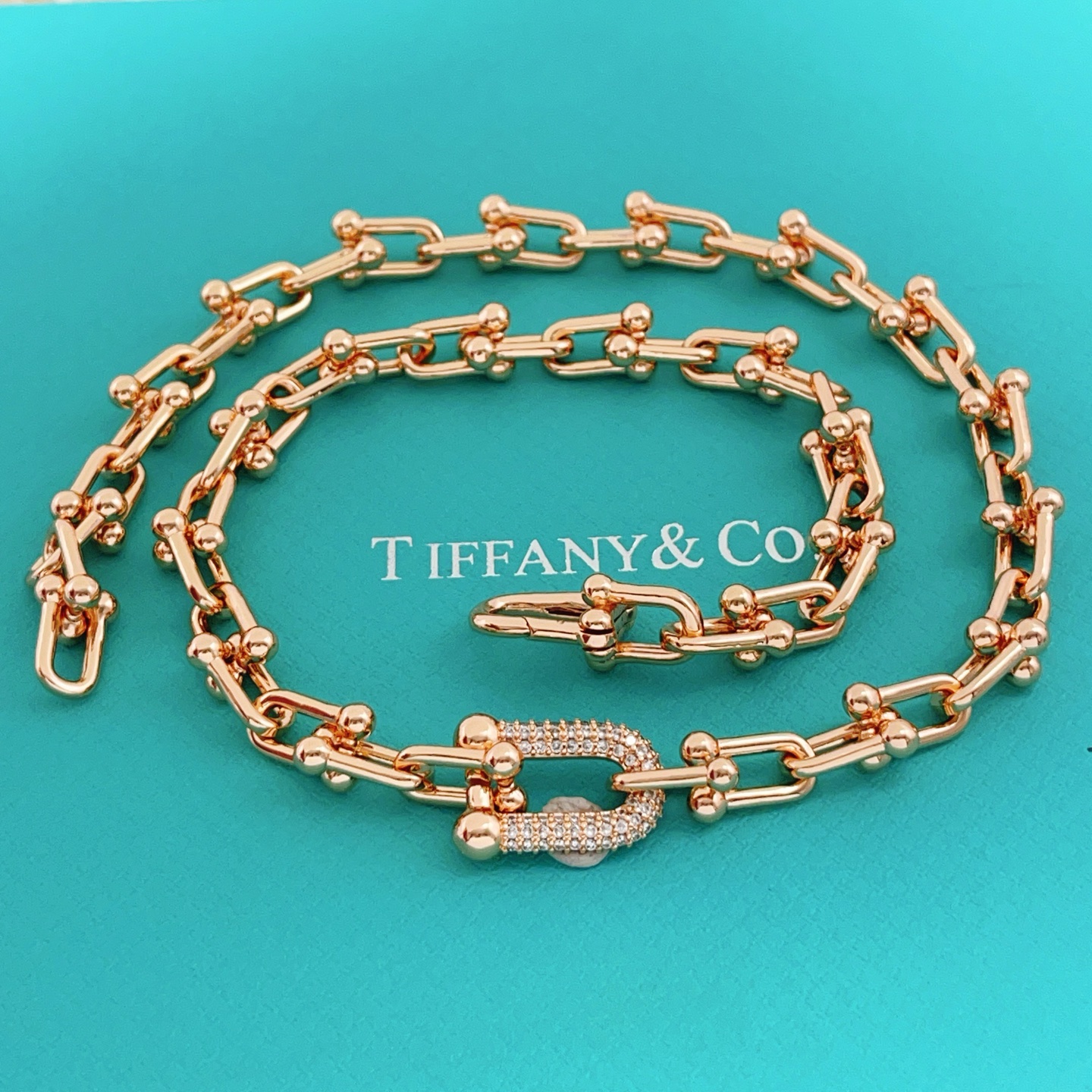 Tiffany Co HardWear necklace rose gold with clear pave diamonds 18 inches