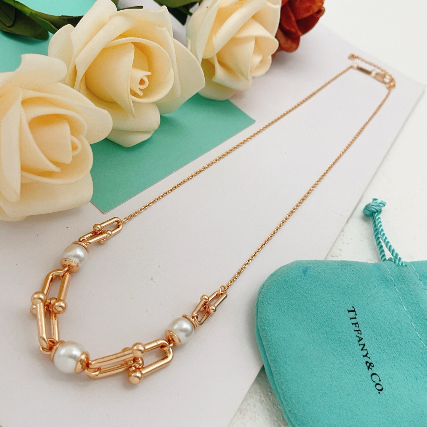 Tiffany HardWear Pearl Link necklace Rose gold white pearl 45cm