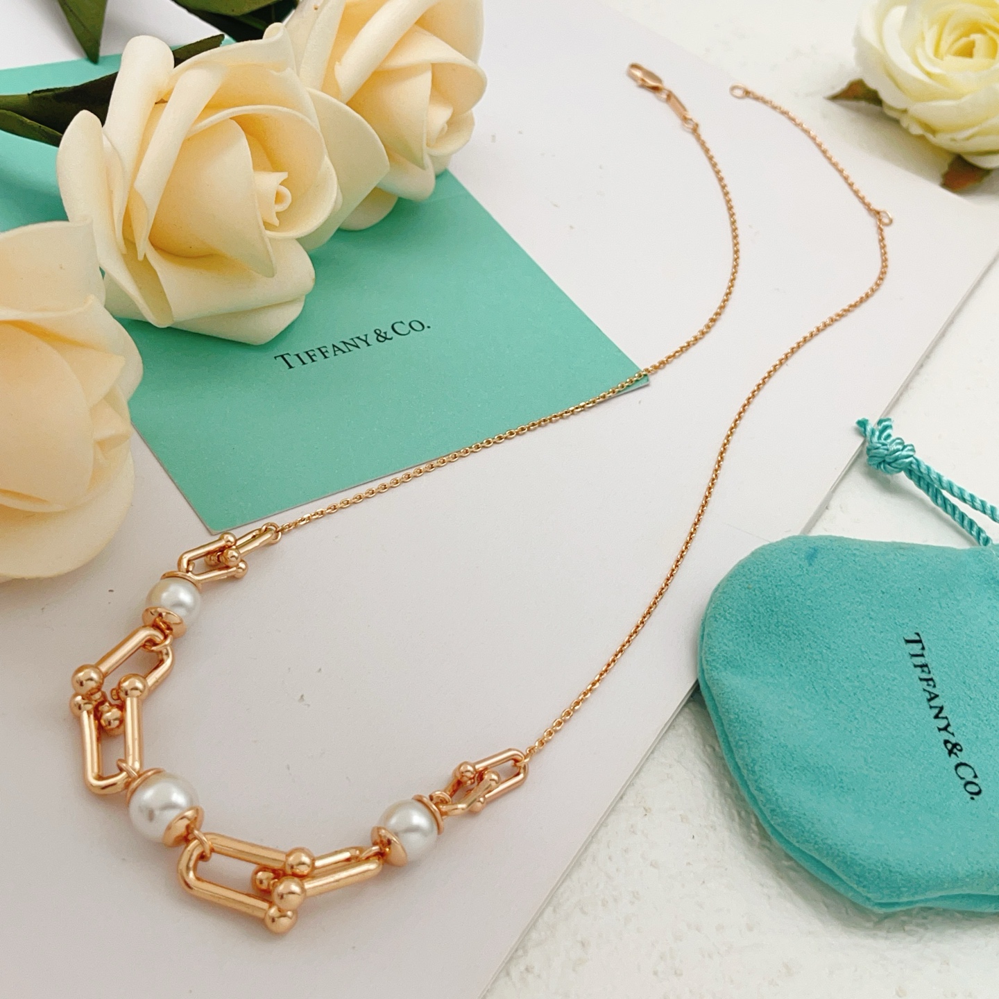 Tiffany HardWear Pearl Link necklace Rose gold white pearl 45cm