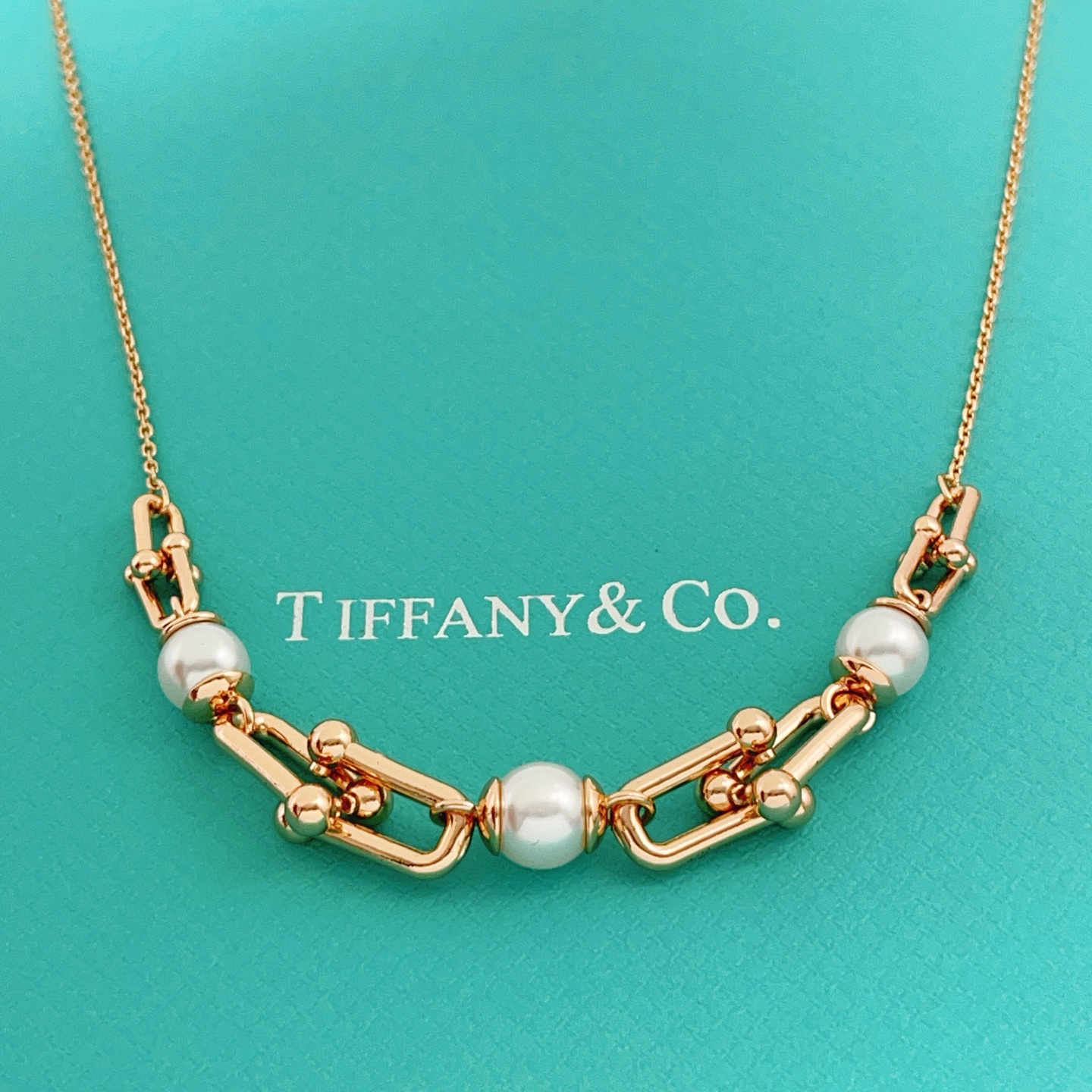 Tiffany HardWear Pearl Link necklace Rose gold white pearl 45cm