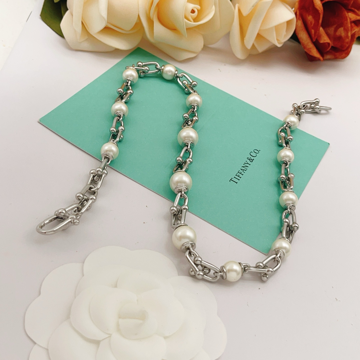 Tiffany Co HardWear Pearl Link necklace silver-toned metal white pearl 18 inches