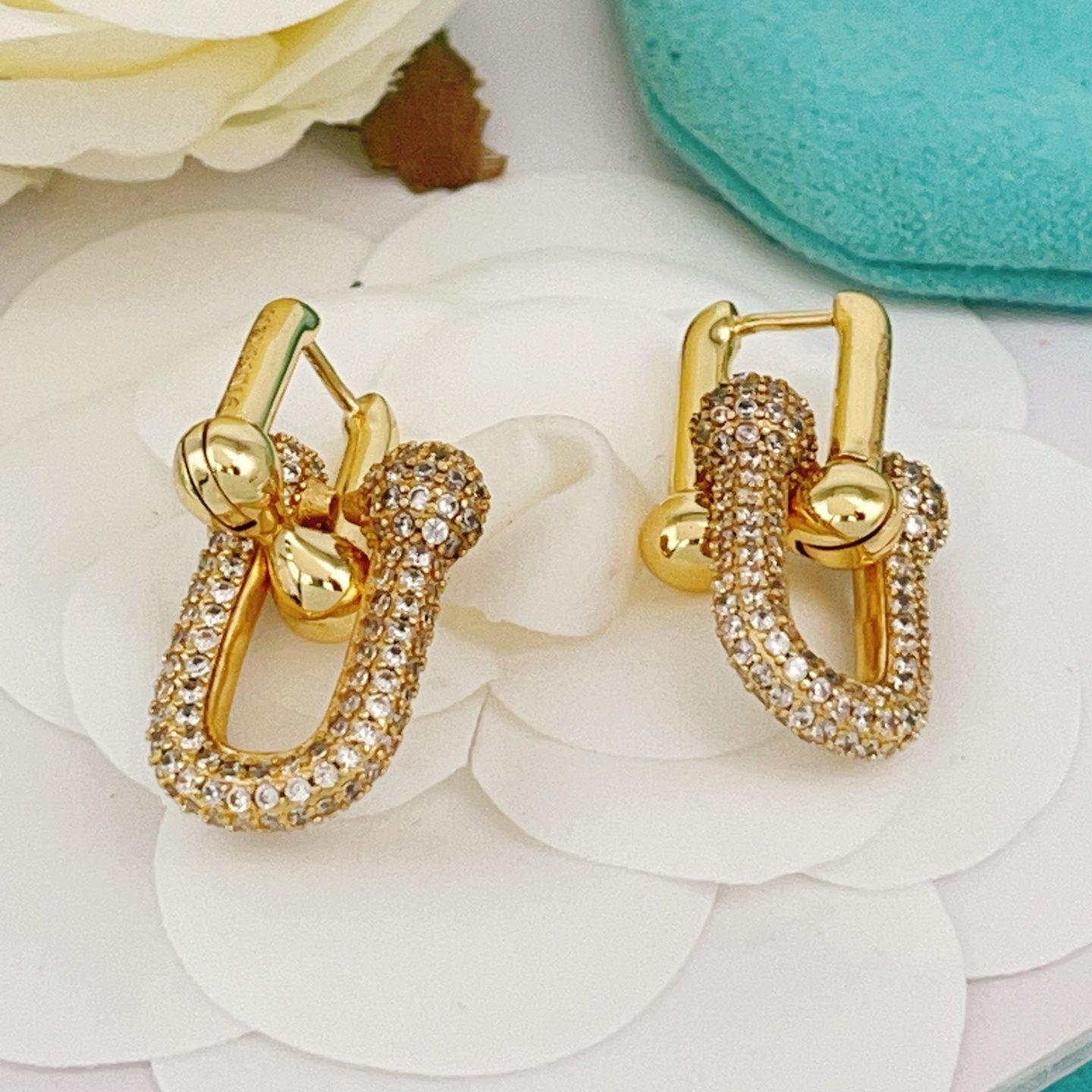 Tiffany HardWear earrings 18k gold metal with clear pave diamond accents 2 5cm drop length