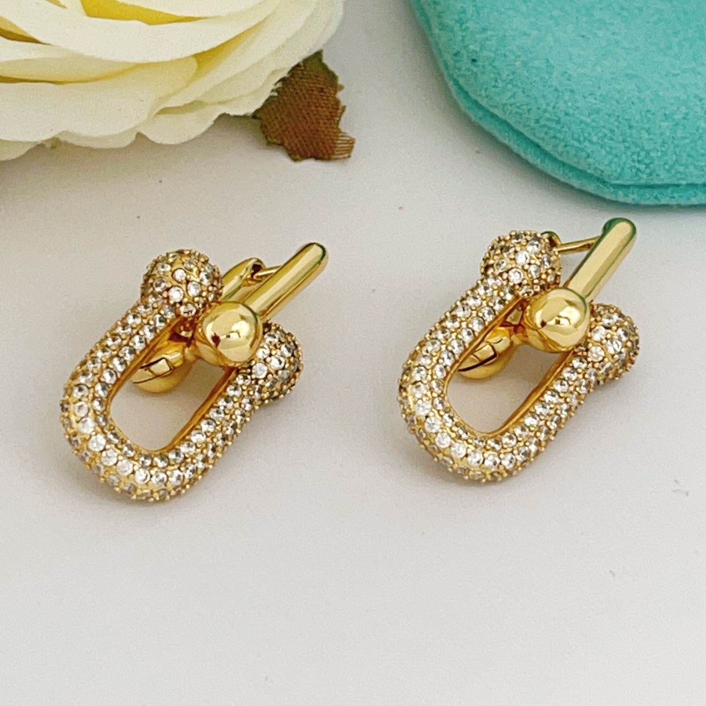 Tiffany HardWear earrings 18k gold metal with clear pave diamond accents 2 5cm drop length