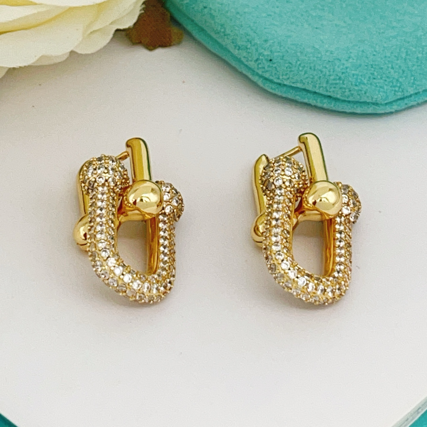 Tiffany HardWear earrings 18k gold metal with clear pave diamond accents 2 5cm drop length