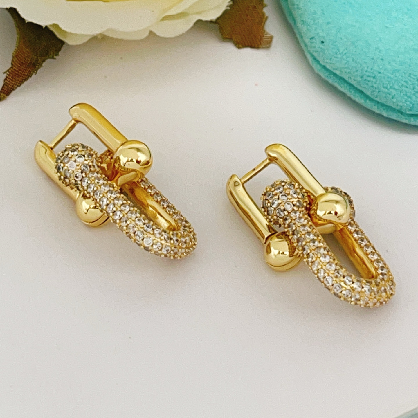 Tiffany HardWear earrings 18k gold metal with clear pave diamond accents 2 5cm drop length