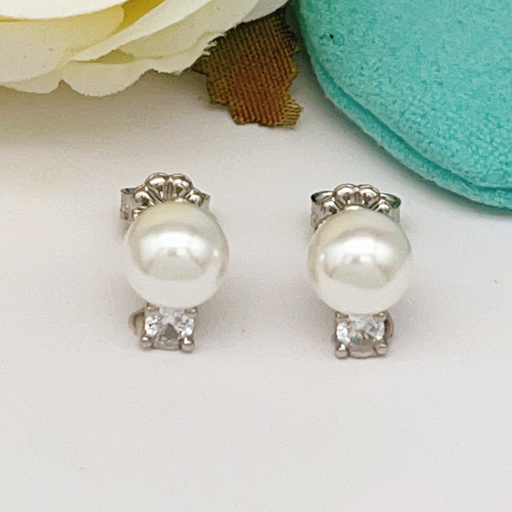 Tiffany Pearl Diamond Stud Earrings earrings silver-toned metal white freshwater pearl clear diamond accent 8mm pearl diameter