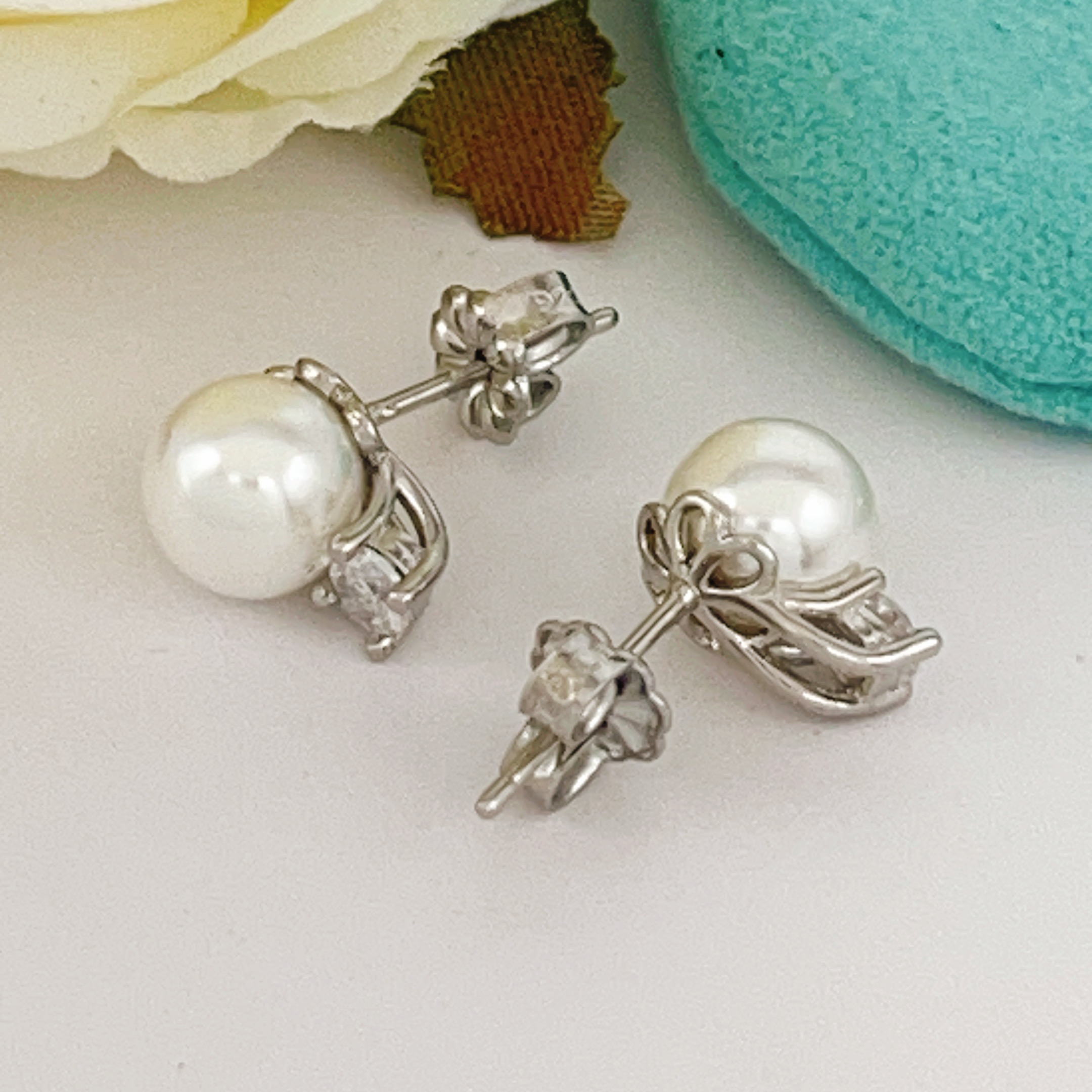 Tiffany Pearl Diamond Stud Earrings earrings silver-toned metal white freshwater pearl clear diamond accent 8mm pearl diameter